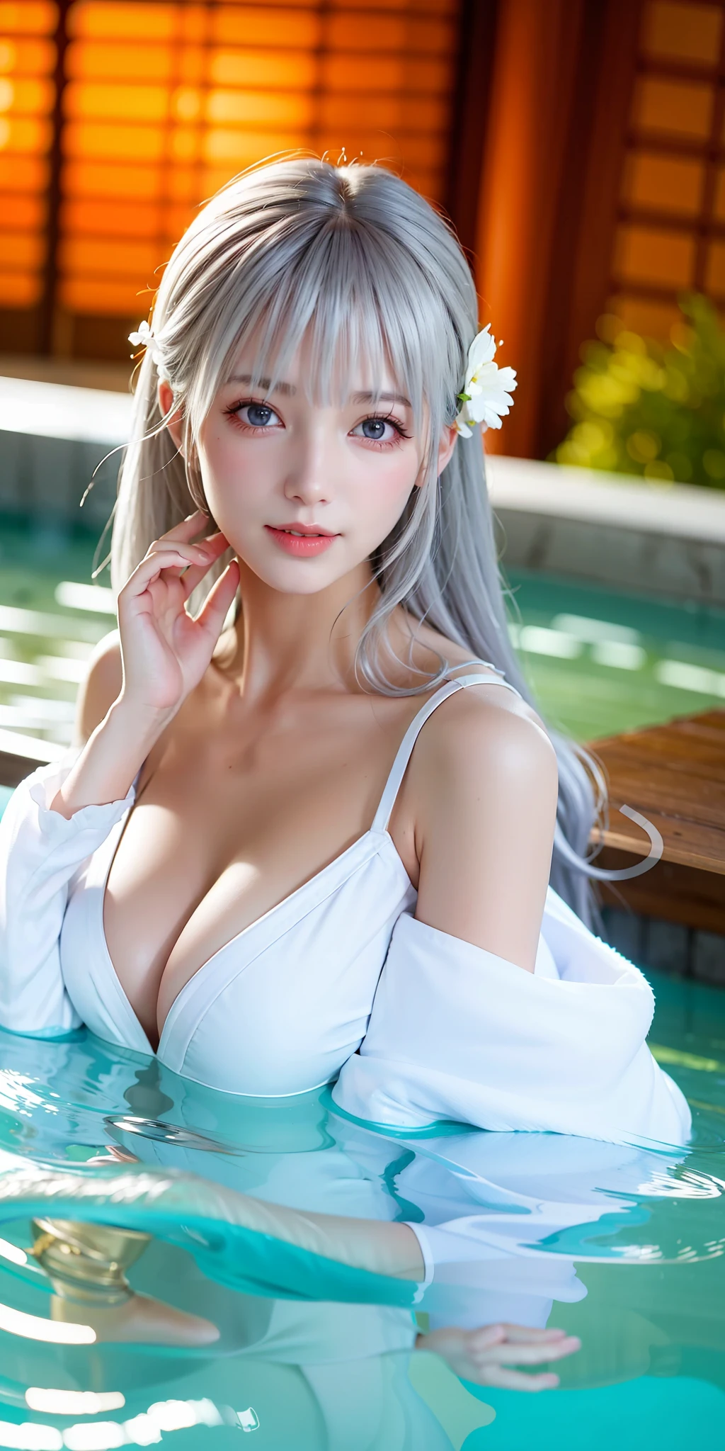 (8K, 4K, Best quality, A high resolution:1.2), (marsterpiece, Realistic, photograph realistic:1.37), 1girll, Solo, Beautiful face, eyeslashes, nase, Glossy lips, (Detailed eyes, view the viewer, Fair skin, White skin:1.5), fine complexion, Upper body,Straight breasts, Busty, , (:1.5),Deep cleavage，
Outdoor onsen,
two sides up, , Silver hair, bangs, hair adornments, Younger,
