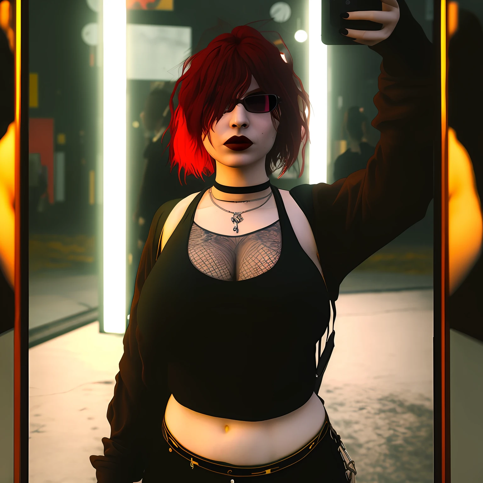 There's a woman with red hair taking a selfie, mall goth,