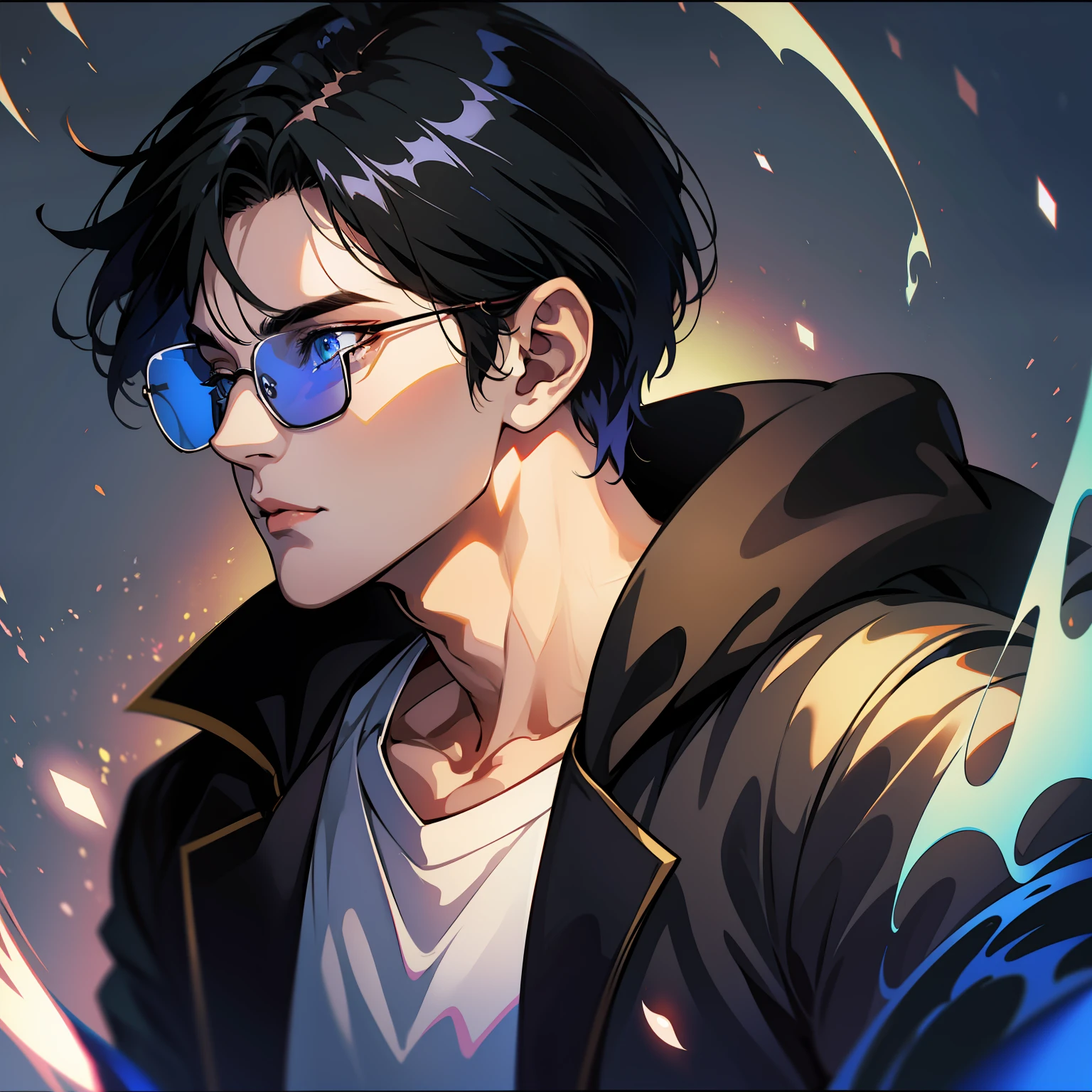 solo, male, anime character with black framed glasses and black hair, apathetic, bored expression, spirit bodies silhouettes behind character glowing, dynamic lighting