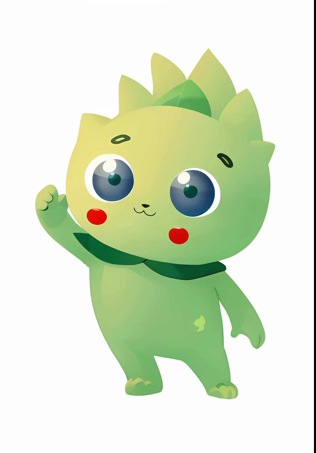 Cartoon green little man waving green bamboo leaf scarf, cute monster, Smooth green skin，cute monster character design, cute forest creature, its name is greeny, Portrait of a cute monster, tas\'s name is greeny, japanese mascot, style of cute pokemon, cute character, adorable creature, monster character design, Cute:2, Cute little troll, toonix character, Cute cartoon character