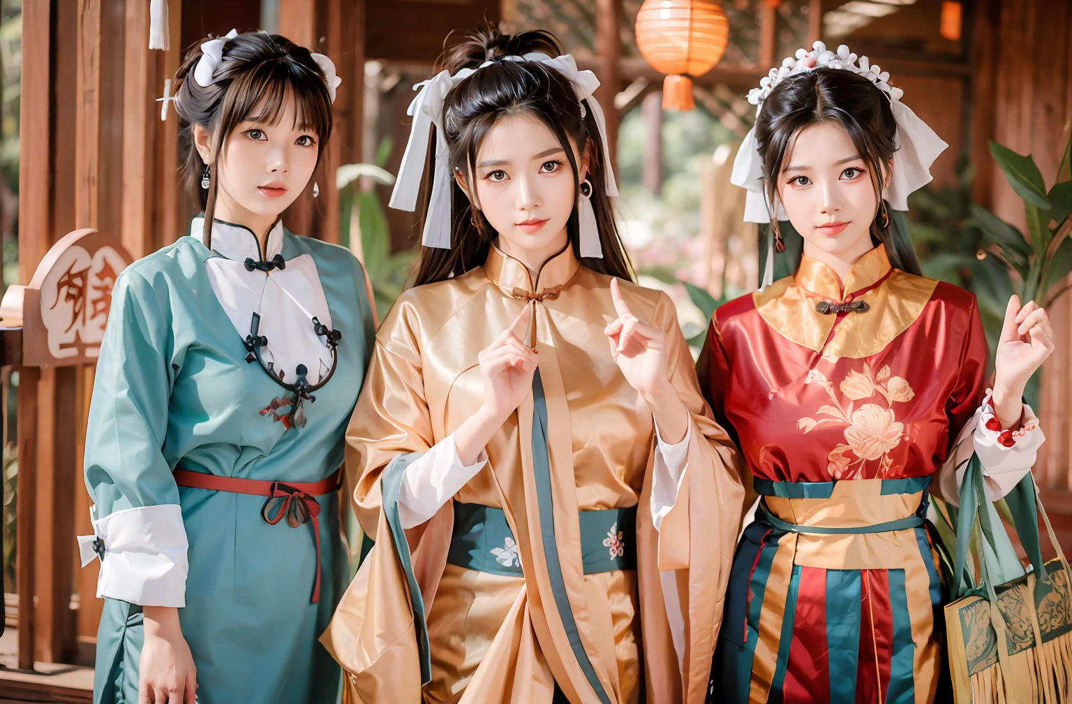 Three women dressed in traditional Chinese costumes pose for a group photo, Wearing ancient Chinese clothes, Hanfu, Palace , Traditional Chinese clothing, ancient chinese beauti, Chinese costume, Tang dynasty, Princesa chinesa antiga, White Hanfu, with acient chinese clothes, Beautiful rendering of the Tang Dynasty, ancient asian dynasty princess, inspired by Tang Di, inspired by Gu An