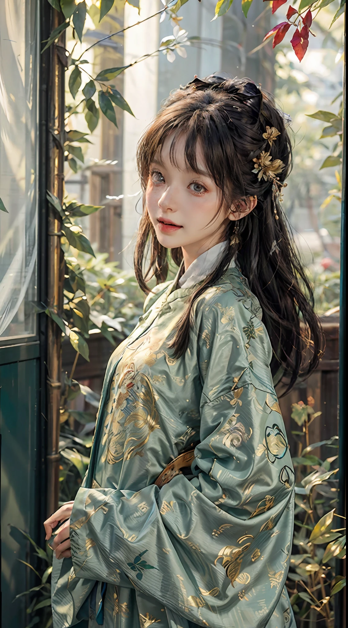 (RAW Photo, Best Quality), (Realistic, Realistic: 1.3), Best Quality, Highly Detailed, Masterpiece, Hyperdetail, Illustration, 1 Girl, upper_body, Dynamic Angle, World Mastery Theater, messy_long_hair, Best Quality, Extremely Detailed CG Unified 8k Wallpaper, Ink, Breathtaking, Cinematic Light, lens_flare, gufeng_style, Fantastic Big Eyes, Green Clothes, Ming Dynasty Hanfu, (Heavy makeup: 1.2), Fan, (laughs: 1.2), (Gold leaf), Monstera, Bamboo, Sony main shot