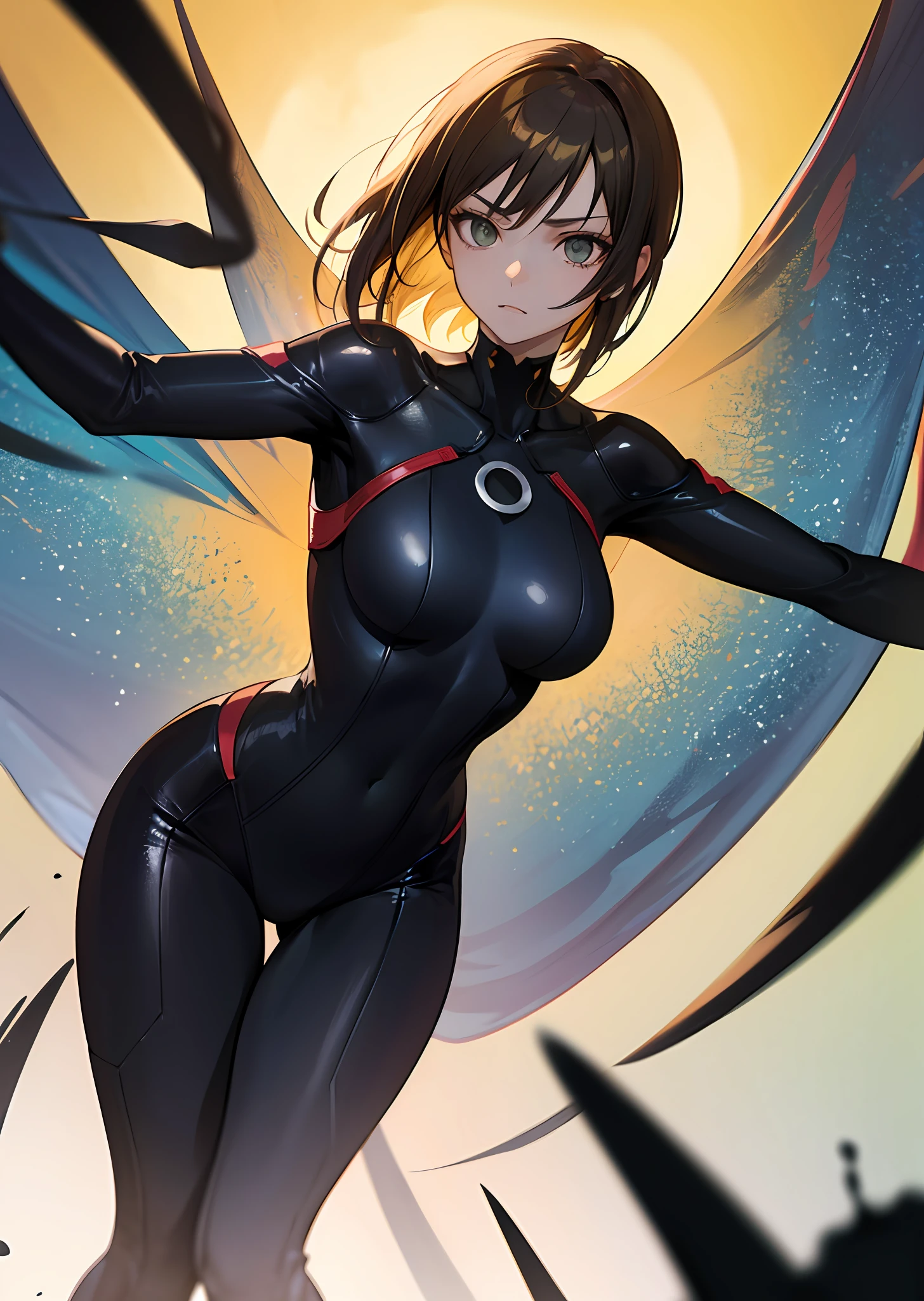 (masutepiece), Best Quality, High resolution, Ultra-detailed, Vivid texture, Stand up to the powerful, A tight bodysuit that emphasizes her gorgeous figure, Dynamic lighting, golden colored/Black contrast, cinematic view, intense emotion, Immersive experience, timeless beauty, Breathtaking.