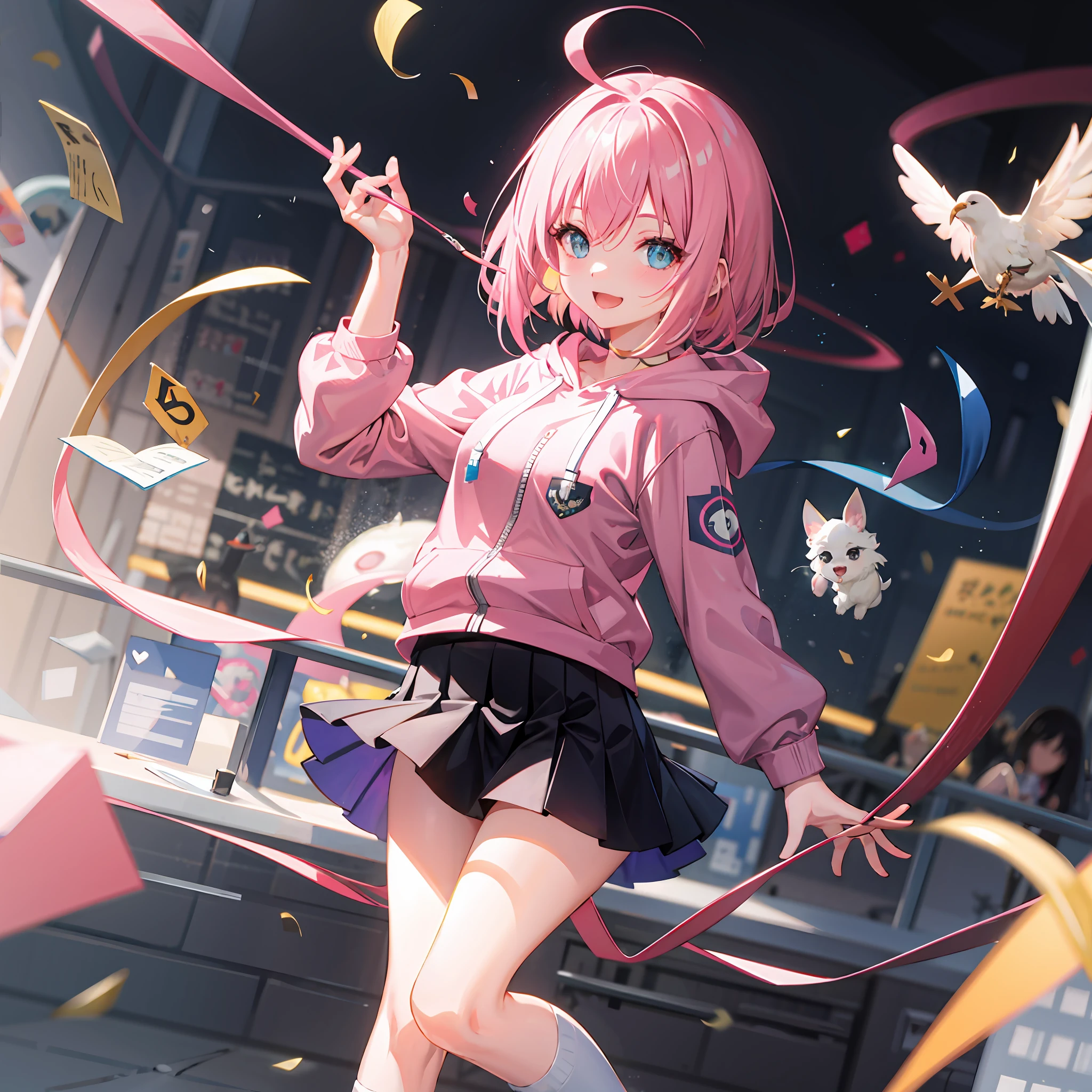 masutepiece,Best Quality,ultra-detailliert,Two hands,Two legs,Five Fingers,best faces,One cheerful girl,Pink beige bob hair,Ahoge,pink hoodie,Zippered hoodie,Light blue socks,a miniskirt,school,Patsun Hair,Ribbon in the center of the bangs