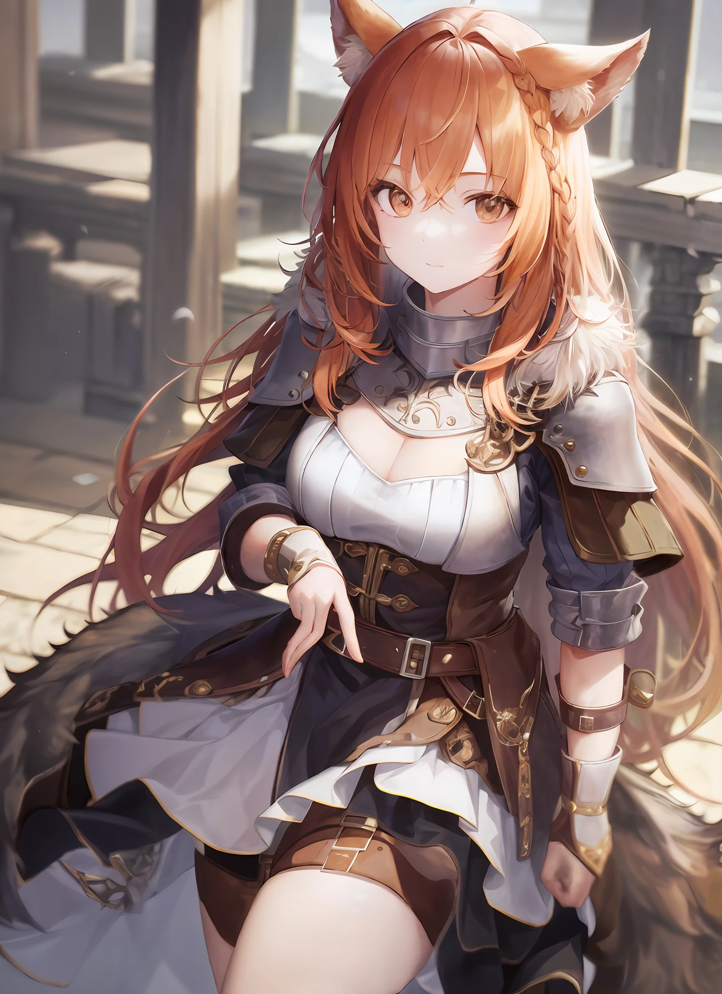 1girll,fur armour,Viking warrior, fur,Wolf ears, Extremely detailed,Reddish-orange hair,Braid,view the viewer(Masterpiece, Best quality:1.2)