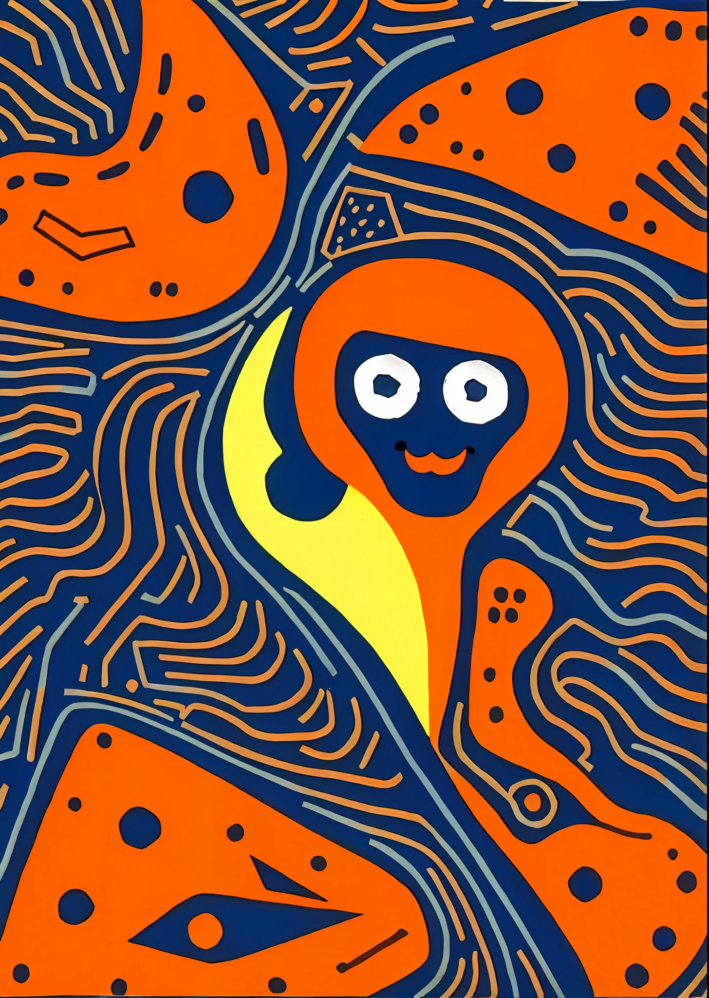 tmasterpiece，Best quality，
Paintwork，illustratio，
Style 2，独奏，simplebackground，
cute cartoon girl, full body, orange background, doodle in the style of Keith Haring, sharpie illustration, bold lines and solid colors, simple details, minimalist，Blend patterns，Text and emoji devices，closeup cleavage，charming character illustration，folkloric