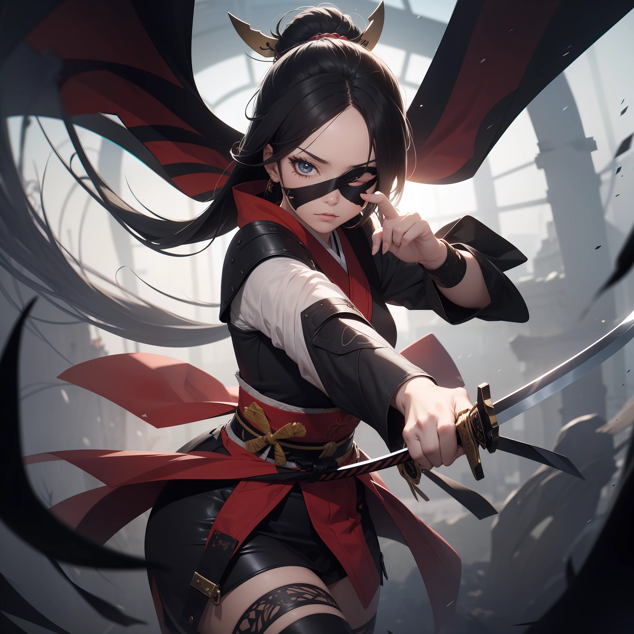 (Detailed art of beautiful one-eyed samurai woman), masutepiece, She is fighting on the battlefield, (She holds a sword in both hands), Samurai armor, (Eye patch), She has scars on her face, Natural body posture, Full Body Art, Symmetrical, Sharp eyes, dynamic shot, Oil Painting, Concept art, Volumetric lighting, 2d render, 8K,