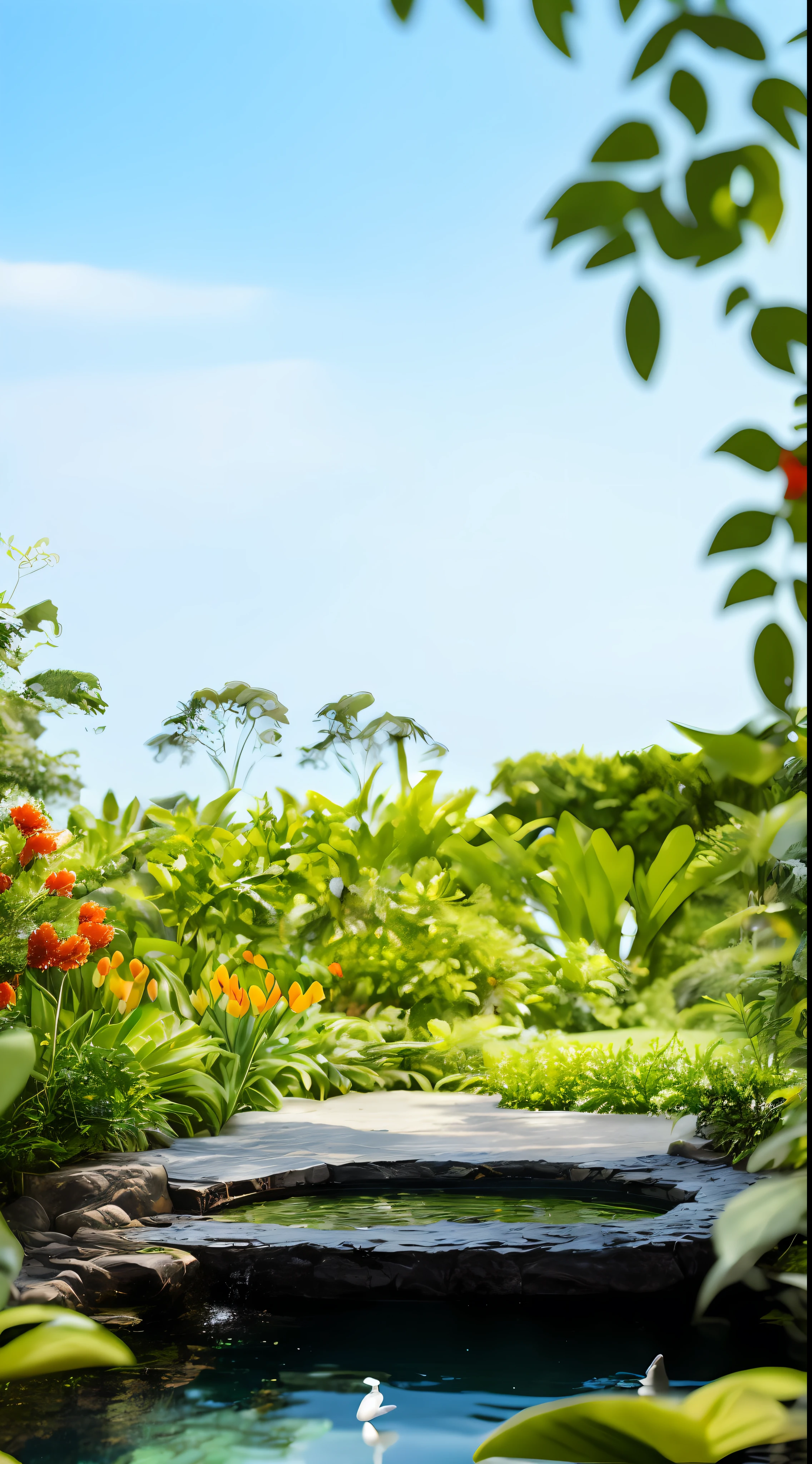There is a small pond, Lush vegetation in the background, vibrant greenery outside, roof with vegetation, on a planet of lush foliage, many plants and infinite pool, lush garden in the background, jungle as the background, Beautiful garden on background, the background is lush jungle, lush verdant plants, Garden background, Dense vegetation with ferns,fresh flowers,Colorful,coloured with lots of colour,Warm light,lilie,tulips,rosette,chrysanthemums