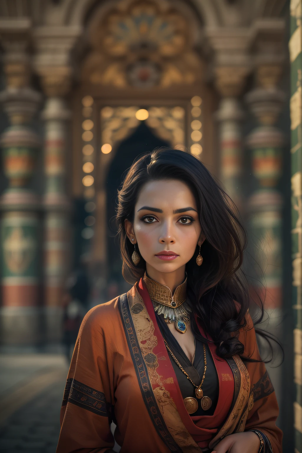 A beautiful woman,orientalisch wirkende frau,orientalisch gekleidet,Beautiful woman in the foreground,stadt weit im hintergrund,Beautiful woman looks at the camera,vor schwarzem hintergrund,blur