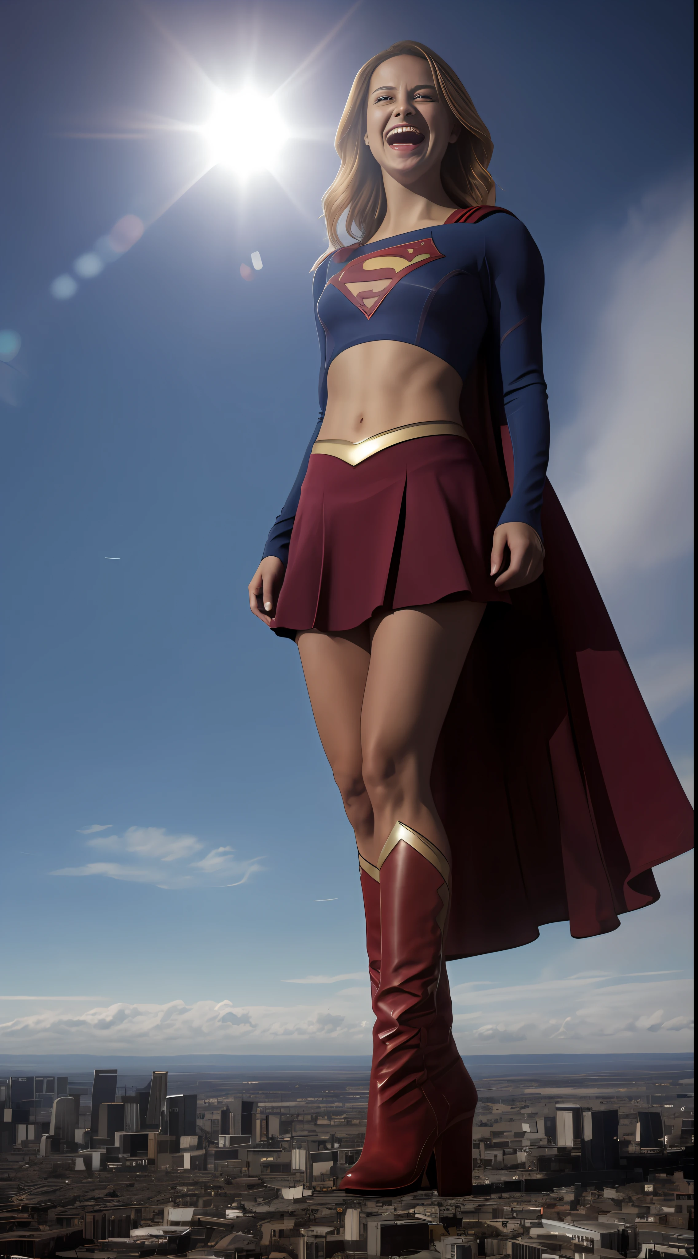 (((Towering over you))), face,supergirl Beautiful woman (20 years old, long blonde hair, blue eyes) defined body, detailed, using tube dress cosplay supergirl suite, smirking, standing on a planet in space with her full body in view, cosmic background, furrowed brow, ((midriff exposed)), city under her boots, abs, muscles, ((laughing)), hands on hips, looking down