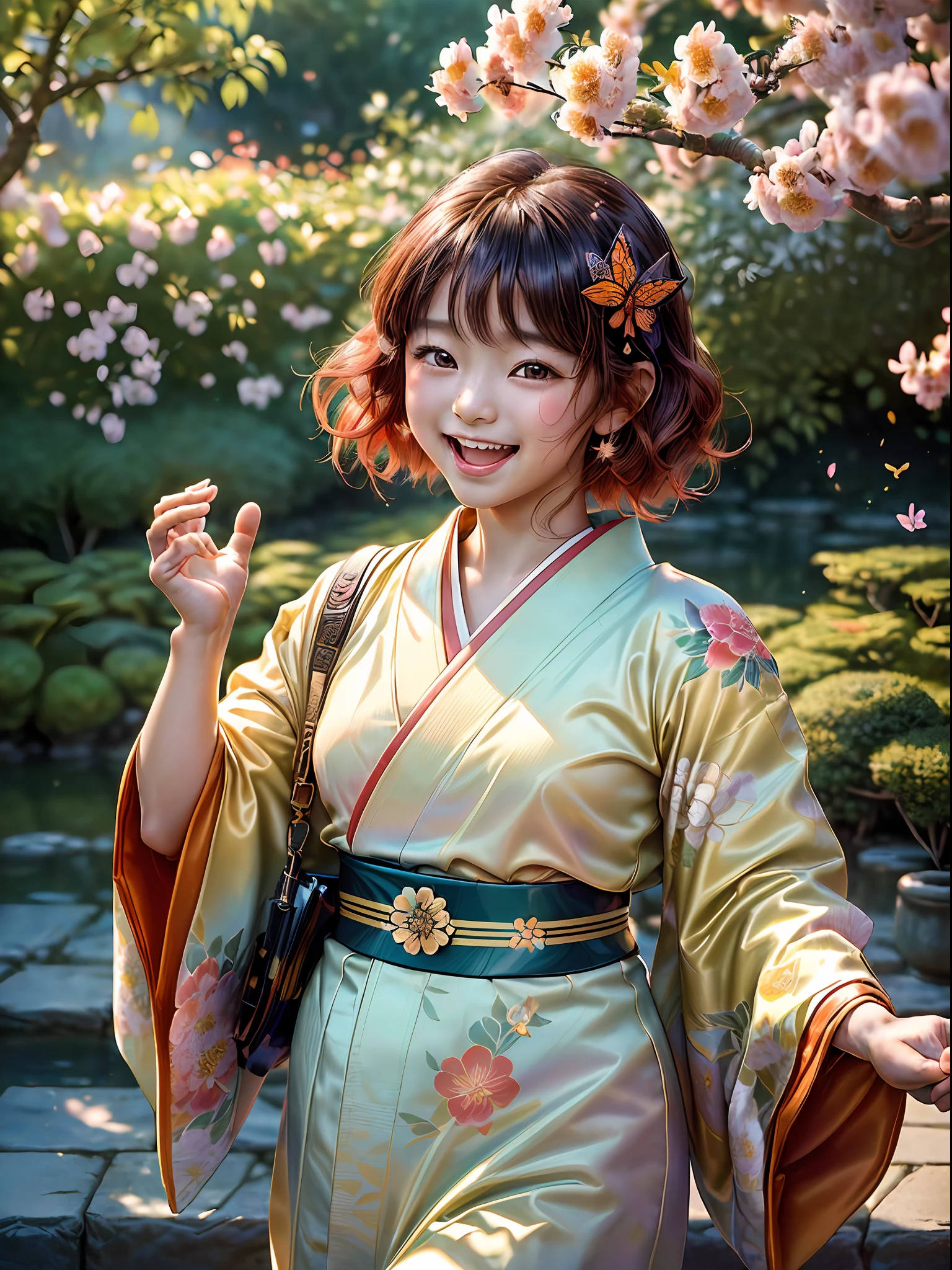 (masterpiece, high resolution, photo-realistic:1.4), (capturing a heartwarming moment of a young Japanese child with short hair, adorned with a red hairpin and enchanting honey-colored eyes:1.3), (dressed in a traditional and perfectly fitted kimono of her size:1.2), (her vibrant and colorful kimono harmonizing with the blossoming garden of the temple:1.2), (Canon EOS R6 mirrorless camera:1.2), (paired with a Canon RF 35mm f/1.8 IS Macro STM lens:1.2), (the camera model perfectly suited for capturing portraits and candid moments:1.2), (the lens ideal for close-ups and highlighting intricate details:1.2), (the serene temple garden adorned with a variety of blooming flowers:1.2), (butterflies dancing in the air, adding a touch of enchantment to the scene:1.2), (the child's infectious laughter and joy shining through the photo:1.2), (a picture-perfect snapshot of a delightful moment in the life of a young Japanese child:1.2).