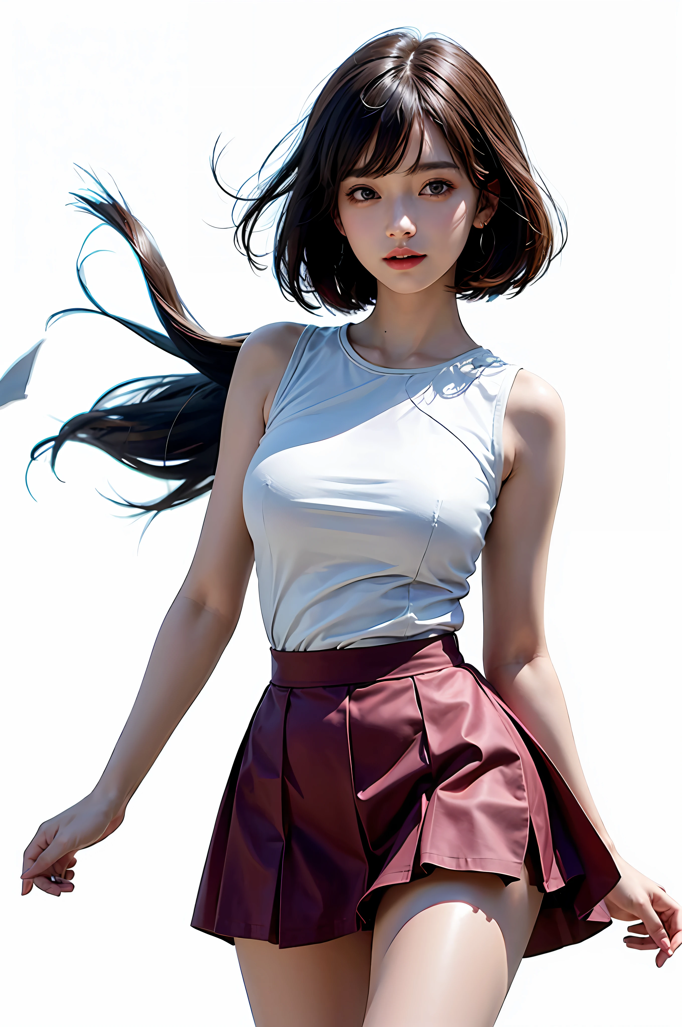 (8K)、(Top image quality:1.2)、(reallistic)、(Photorealsitic:1.37)、((Immaculate white background with nothing really、Immaculate white background with nothing really))、The ultra -The high-definition、1girll、190cm Supermodel、Colossal tits、cute little、A smile、a closed mouth、Beautiful details、Beautiful nose in every detail、full body Esbian、clean short hair with bangs、Colossal Dalsepho、pork meat、student clothes、thighs thighs thighs thighs、Hair that flutters in the wind、A skirt that flutters in the wind