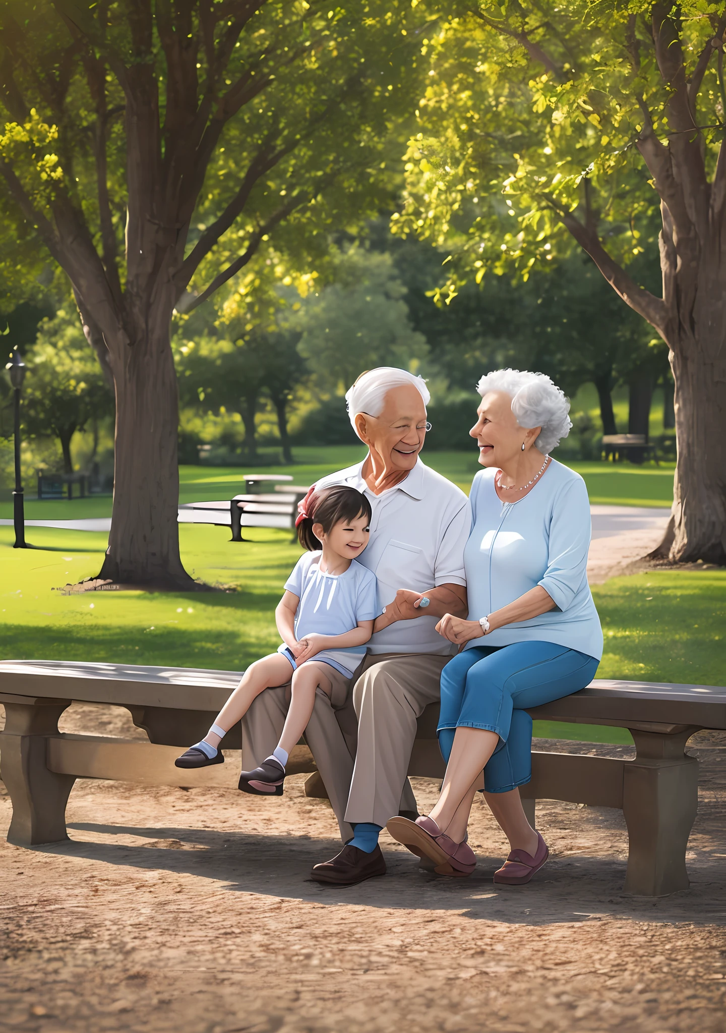 Create an image with two grandparents in a park having fun with a grandchild --auto --s2