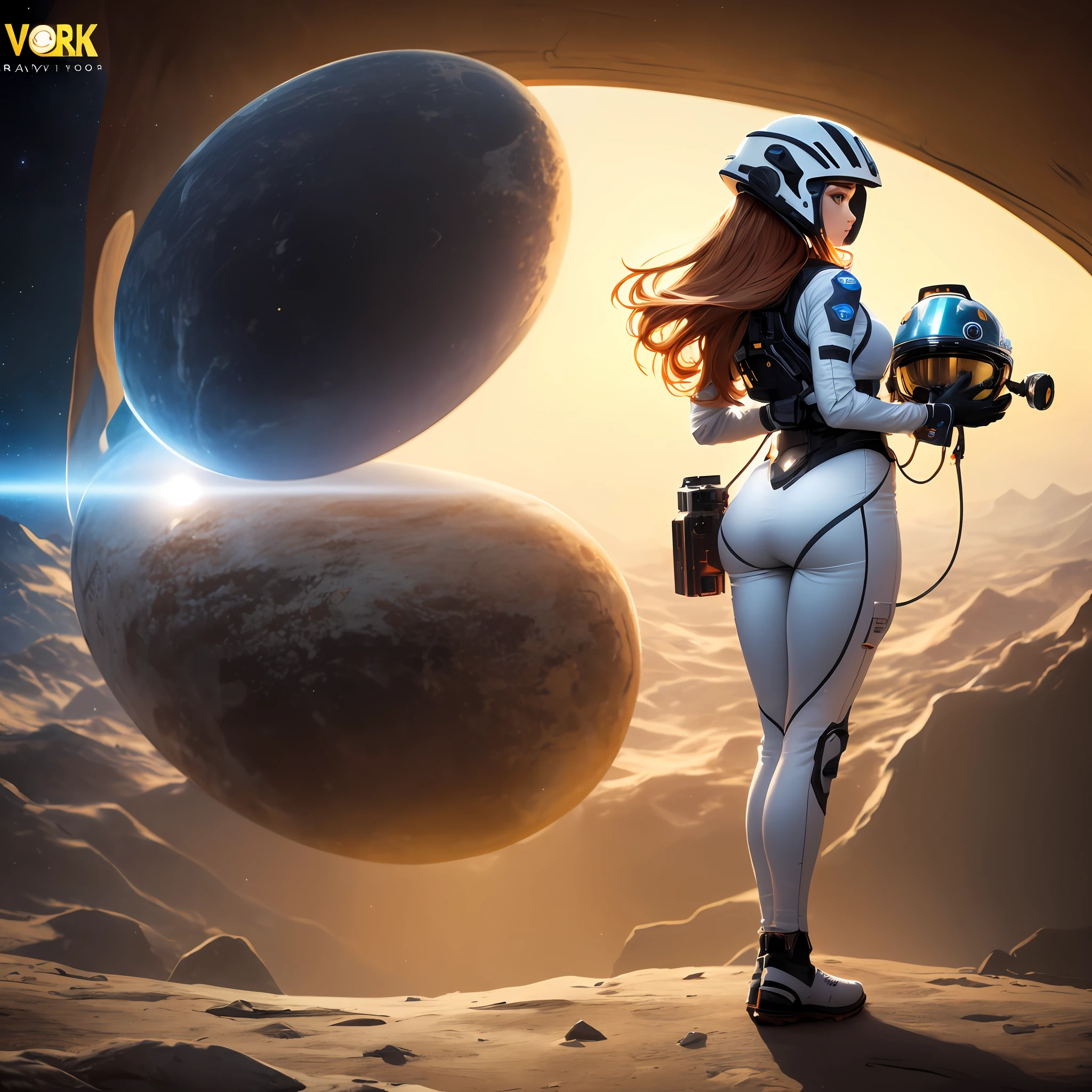 Best quality, Particle effect, Ray traching, Scene lighting, Perfect lighting, Masterpiece ,(female space soldier, Wearing orange and white spacesuits, helmet, Tin plated mask, Rebreathers, accentuated booty) ,8K resolution, Pretty face, Chubby body, Voruptos, Wide hips, Perfect face,, Intricate film stills,Cute, Perfect face, (Highly detailed, ultra - detailed), Natural lighting, auburn hair, Back of an alien planet, Purity seals, Perfect eyes, full body, 《Gravity 2013》cinematic Film still from, Best quality, Particle effect, Ray traching, Scene lighting, Perfect lighting, Masterpiece ,Beautiful women's space looks at the horizon more fairly, angle of view ,8K resolution, Pretty face, Chubby body, Voruptos, Wide hips, Perfect face,, Intricate film stills,Cute, Perfect face, (Highly detailed, ultra - detailed), Natural lighting, auburn hair, Back of an alien planet, Purity seals, Perfect eyes, full body, tentaculata , Eurasian facial features --auto