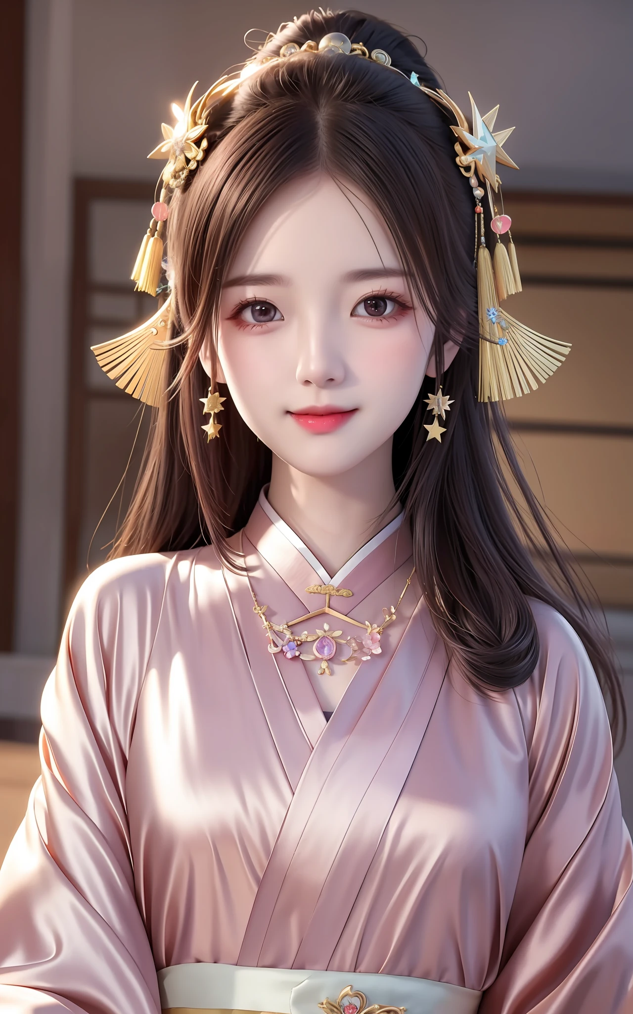 best quality, masterpiece, highres, 1girl,blush,(seductive smile:0.8),star-shaped pupils,china hanfu,hair ornament,necklace, jewelry,Beautiful face,upon_body, tyndall effect,photorealistic, dark studio, rim lighting, two tone lighting,(high detailed skin:1.2), 8k uhd, dslr, soft lighting, high quality, volumetric lighting, candid, Photograph, high resolution, 4k, 8k, Bokeh