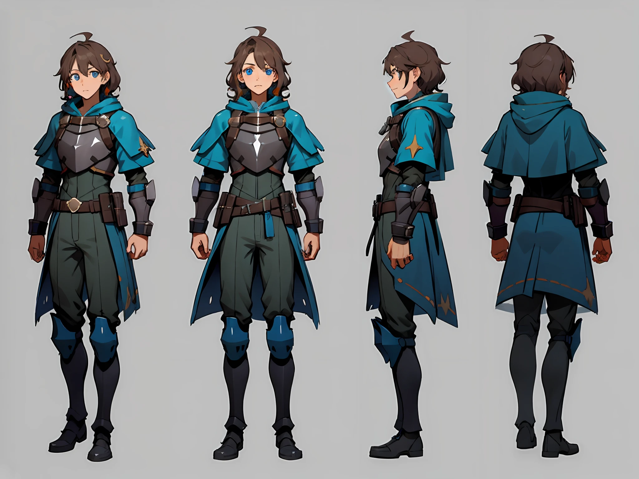 （（tmasterpiece）），（（（（best qualtiy））），（（CharacterDesignSheet，Same character，frontage，Lateral face，on  back）），illustratio，1 man，Curls，brown  hair，Beautiful and blue eyes are very delicate，Environmental Scene Change，Posture too，Male adventurer，Light armor and swords，Glow-in-the-dark hood，Rain poncho with colorful decorations，charturnbetalora，（simplebackground，white backgrounid：1.3）