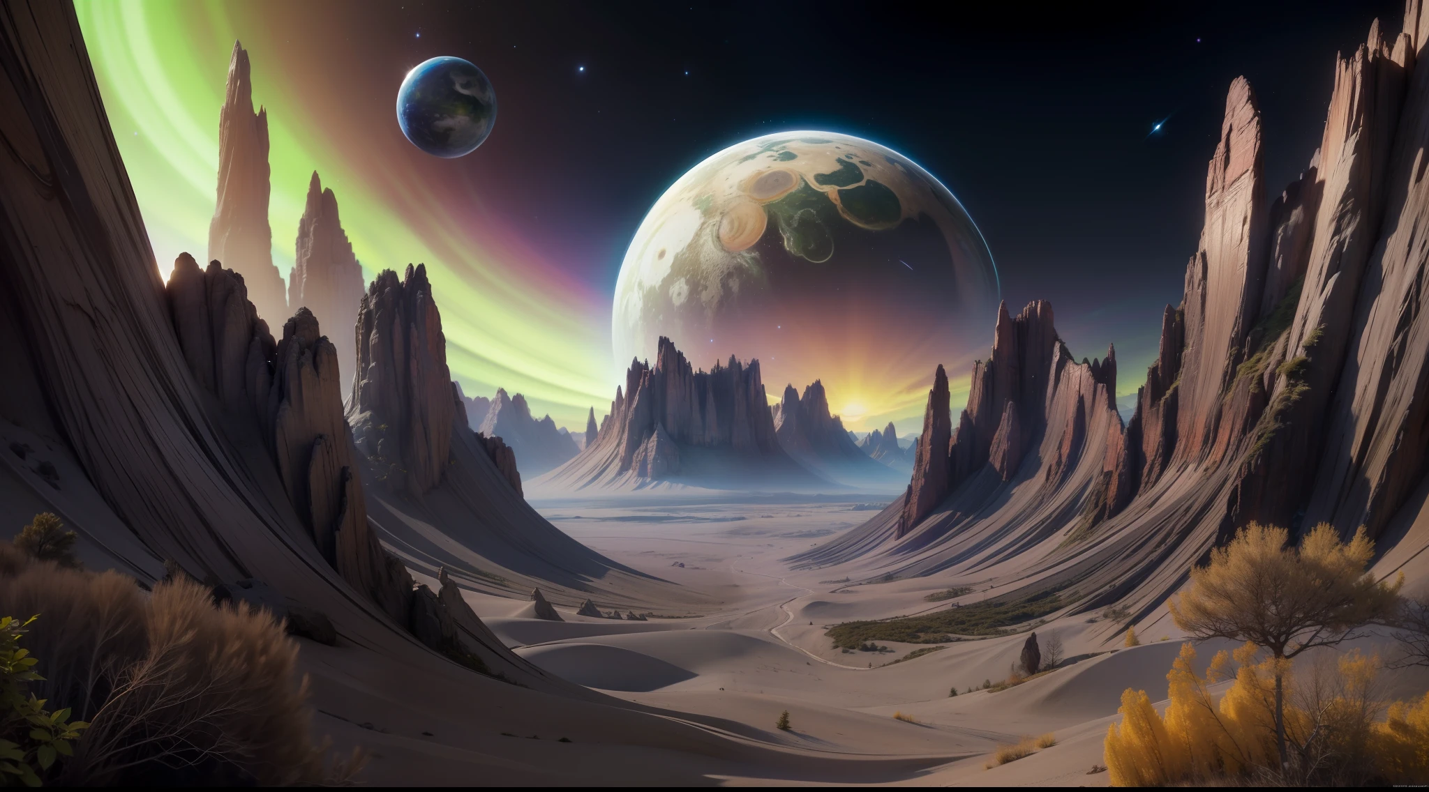 Generate captivating images of fictional planetary landscapes。Imagination meets reality、Paint spectacular landscapes of the alien world。Unique terrain and exotic plants、Design the amazing beauty of a fictional planet with enchanting celestial phenomena。Imagine surreal skies saturated with unknown constellations and fascinating auroras。Harness the power of AI、Creates beauty and interest on these fictional planets、Stimulate your audience's imagination、Immerse yourself in the mysteries of an unknown space realm,Very realistic, photograph, Super Detail, high details, High quality, in 8K