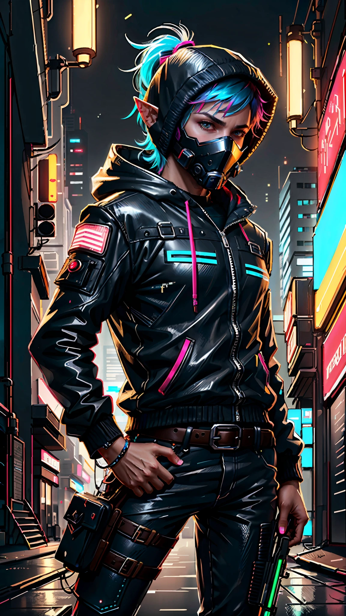 CyberpunkAI, neon, 1boy, elf, neon hair, neon eyes, ponytail hairstyle, black leather jacket,sniper rifle, hood up, sneaking, mask,goggles,