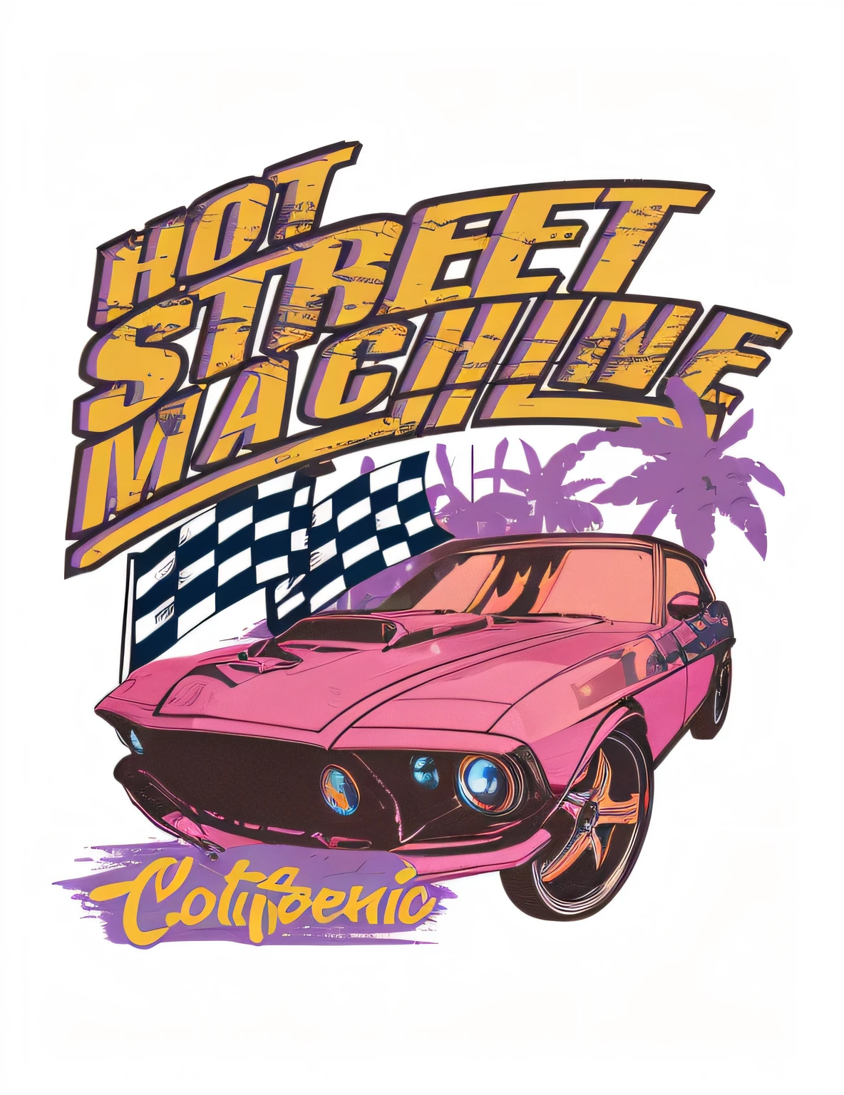 A close-up view of a pink vintage car,There is a checkered flag on the body,Vintage pink synth wave style,outrun art style,author:Joe S.,80s beyond,synthwave art style,Inspired by Joe S.,Hot hot hot hot,jen bartel,Compound wave style,80 seconds of art,masterpiece epic retrowave art,Beyond style and color。