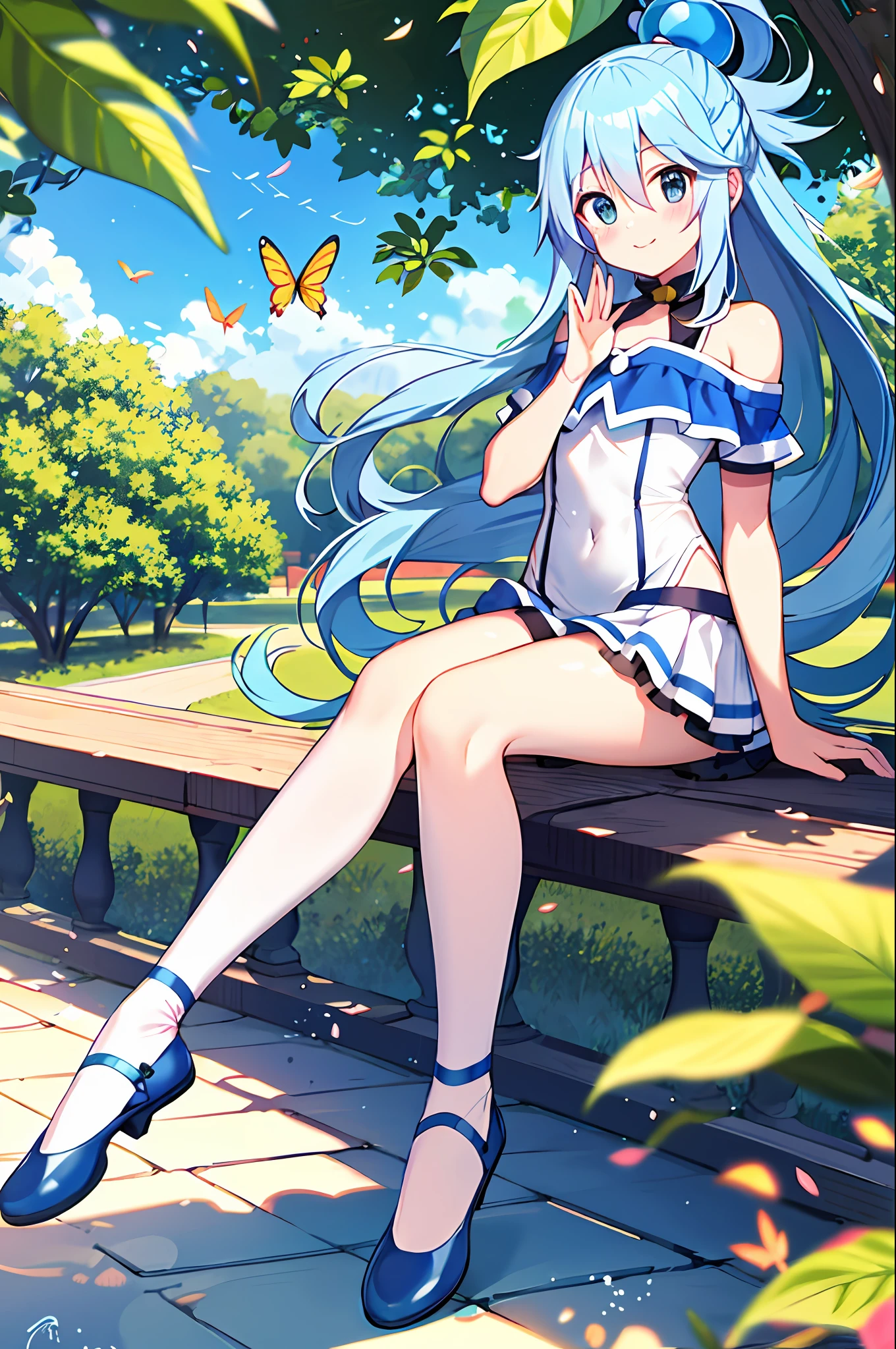 obra-prima, Melhor_qualidade,1Menina (Aqua do anime KonoSuba), sozinho,raposa_Ouvidos, olhos azuis:1.5|olhos azuis:1.1,(cabelo azul 1.2|cabelo azul claro), soft hazelnut eyes, flowing wavy hair, meias de tornozelo, olhando para o espectador, meias brancas, ballet shoes, Vestido de sol pastel, corpo inteiro, jardim de borboletas, surrounded by fluttering butterflies, sunlight filtering through the leaves, serene expression, primavera, hands crossed