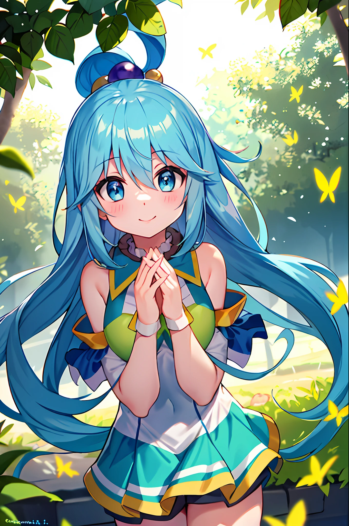 obra-prima, Melhor_qualidade,1Menina (Aqua do anime KonoSuba), sozinho,raposa_Ouvidos, olhos azuis:1.5|olhos azuis:1.1,(cabelo azul 1.2|cabelo azul claro), soft hazelnut eyes, flowing wavy hair, meias de tornozelo, olhando para o espectador, meias brancas, ballet shoes, Vestido de sol pastel, corpo inteiro, jardim de borboletas, surrounded by fluttering butterflies, sunlight filtering through the leaves, serene expression, primavera, hands crossed