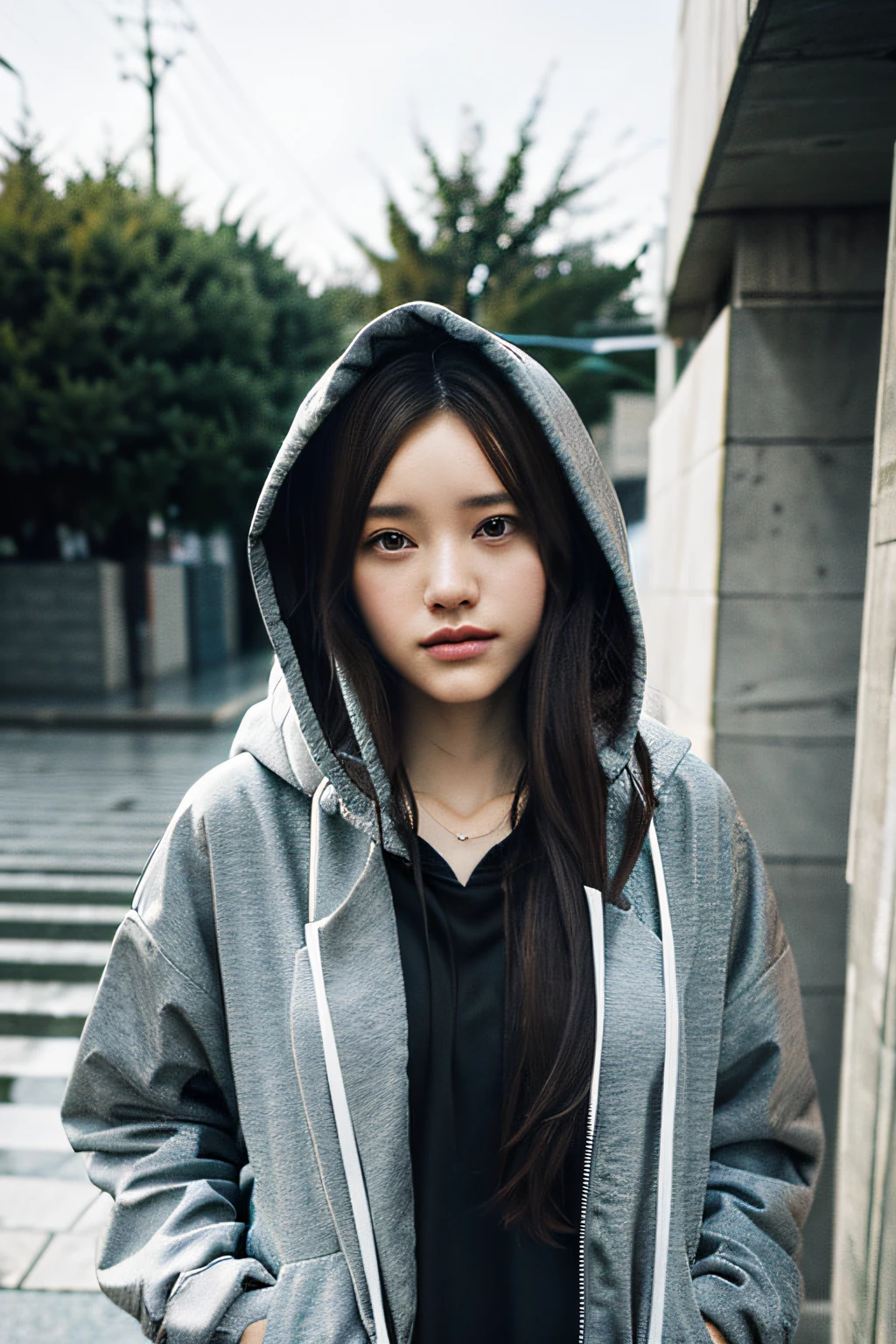 1girl, jacket, rain, outdoor, hoodie, open jacket, chain, backpack, looking at another, messy hair, trending on artstation, 8k resolution, highly detailed, anatomically correct, sharp image, digital painting, concept art, trending on pixiv, style of makoto shinkai,