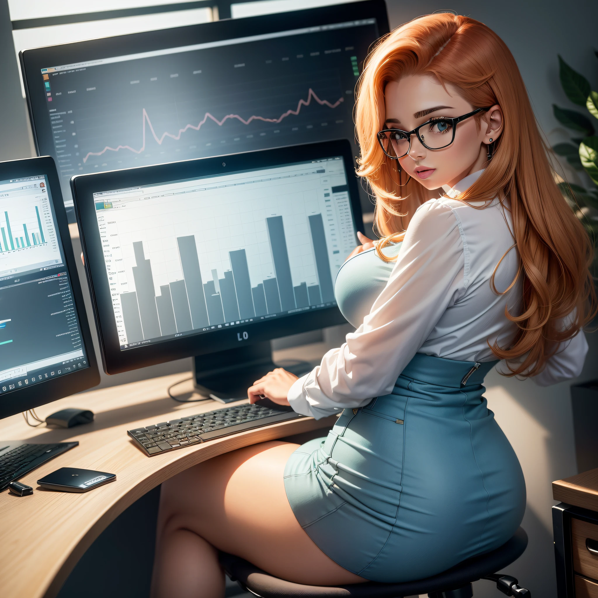 an office desk with a computer, Na tela do computador, shows financial charts, ((sentada a Lena Paul bem bonita com roupas de executiva com decote)),In the background, an all-glass wall showing the surrounding buildings, --auto