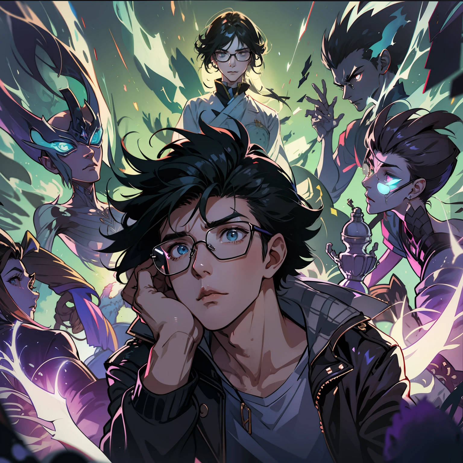 solo, male, anime character with black framed glasses and black hair, apathetic, bored expression, spirit bodies silhouettes behind character glowing, dynamic lighting