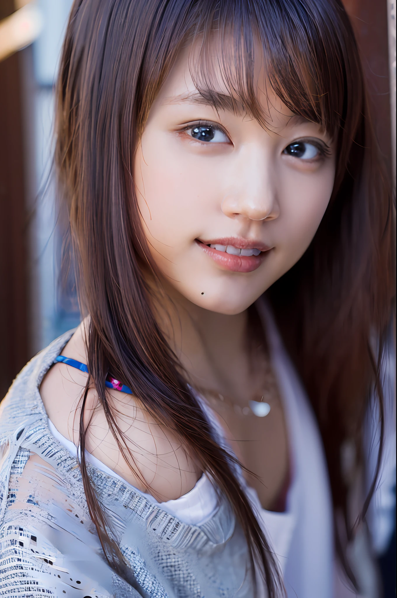 (8k, RAW photo, best quality, masterpiece:1.2), (realistic, photo-realistic:1.37), ultra-detailed, ultra high res,1 girl,looking at viewer,beautiful detailed face,smile,narrow,(slim waist:1.3),shirt, beautiful detailed skin, skin texture, floating hair,professional lighting,