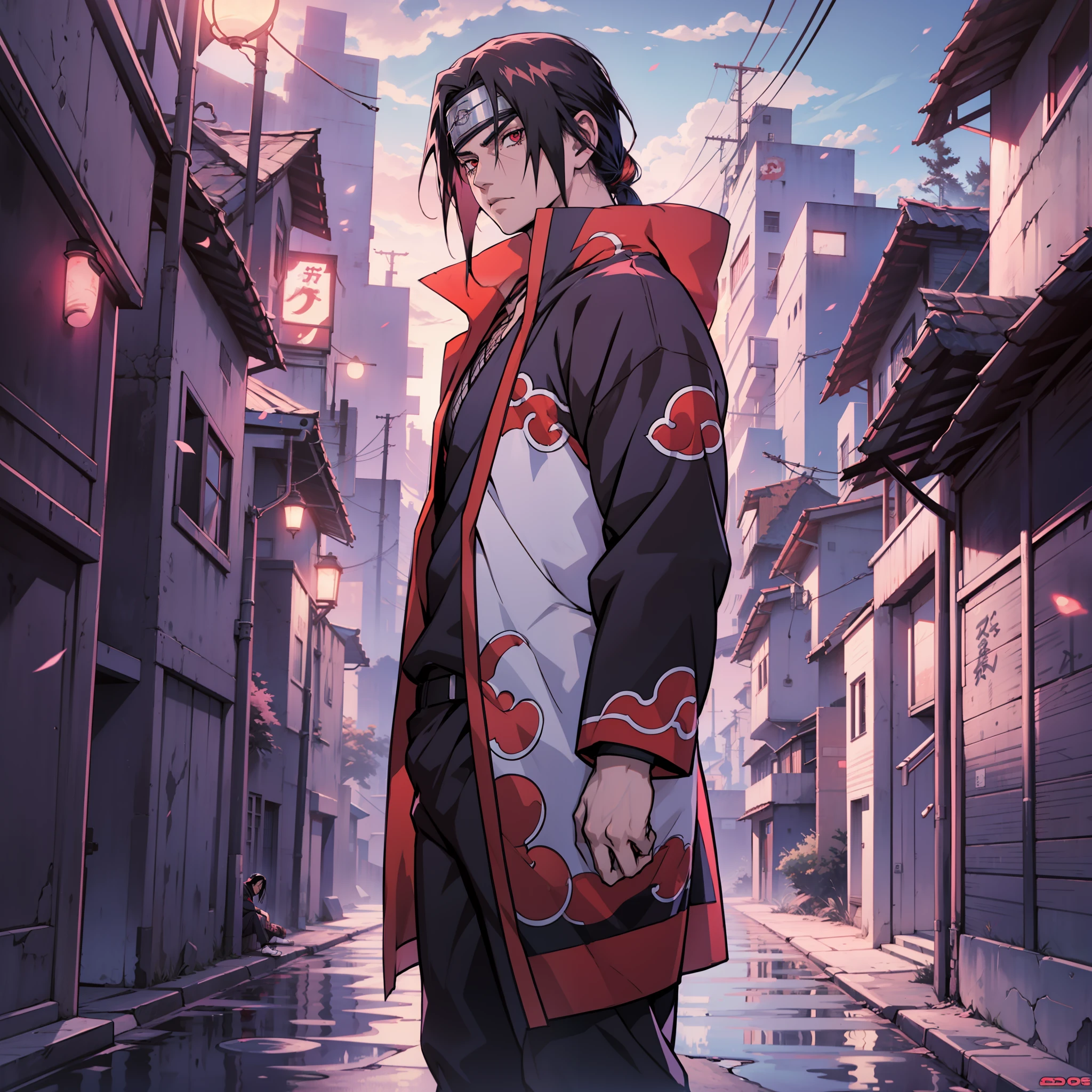Uchiha Itachi, estilo anime, Synthwave, corpo inteiro, 8k, altamente detalhado, obra prima, HD