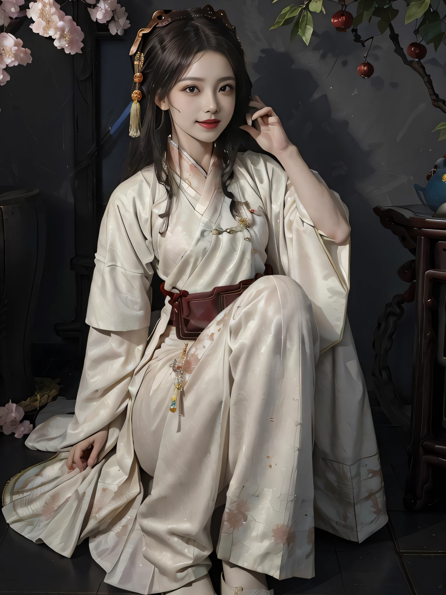 (8k, RAW photo, best quality, masterpiece:1.2), (realistic, photo-realistic:1.37),professional lighting, photon mapping, radiosity, physically-based rendering,beautiful studio soft light,CG,wallpaper,extremely detailed,(ore details:1.3),
1girl,perfect face, perfect eyes,young,long eyelashes,puckered lips,(long hair:1.3),puckered lips,(fullbody:1.5),long hair,big eyes,lying,tilting head,Hair accessories,random posture,little smile,
((hanfu,ming style):1.5),sitting,
flower field,cherry blossoms ,