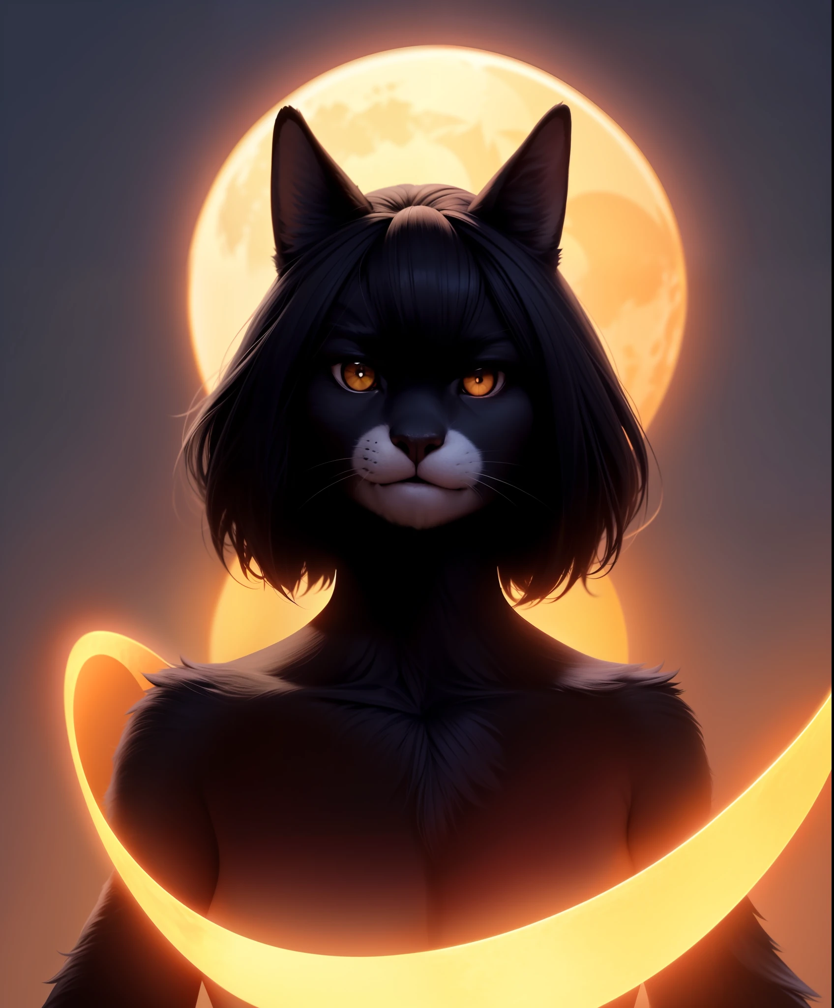 no humans, furry, anthro, portrait, symmetric, upper body, solar eclipse, glowing edge black hole, glowing circular silhouette, fluorescent fur, black body, black skin, glowing markings, glowing edges, furry female, (body fur, furry body:1.4), anthro, solo, realistic, (best quality, masterpiece:1), detailed, looking at viewer, smile, (eclipse gradient background:1.2),