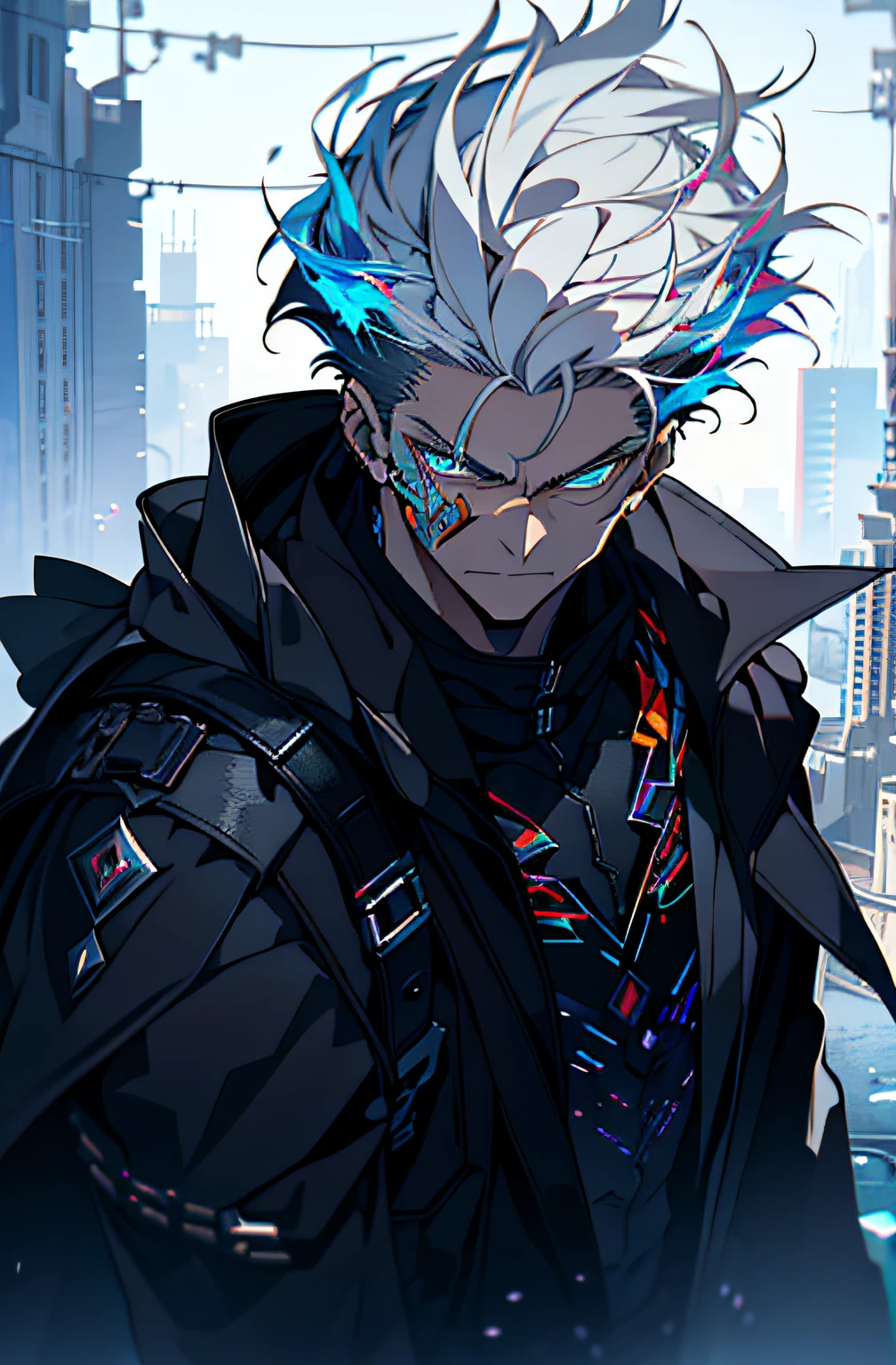 Cyberpunk male, fantasy world, dark background, clean design, epic instagram, artstation, colorful paint splatter, silhouette, hyper detailed intricate details, unreal engine, fantasy, intricate details, splash screen, complementary colors, Fantasy concept art, 8k resolution, deviantart masterpiece, oil painting, heavy strokes, paint dripping, (isolated on white background: 1.3), rainbow skin, (((handsome young man))), ((teenage:1.5) ), (glowing blue eyes), ((light eyes)), ((((short white hair: 1.1))), ((black clothes)), (prince\\(indifferent expression\\),, ( ((Wears high detail luxurious black robe))), white hair, frost magic, ((chest) --v 6