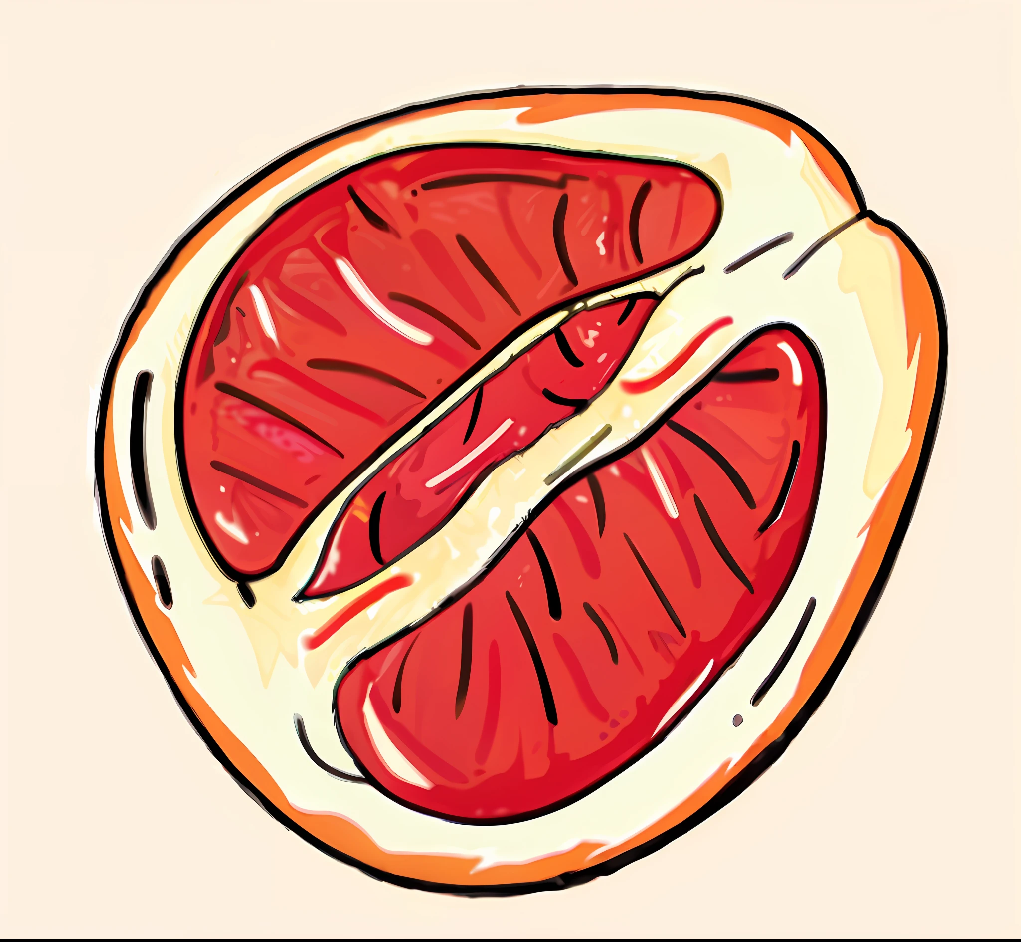 There is a picture of grapefruit cut in half, sliced grapefruit, one red tomato slice,  flat,  hd illustration, salami, hyper detailed illustration, Highly detailed illustration.”,  cel shaded vector art, high detail illustration,