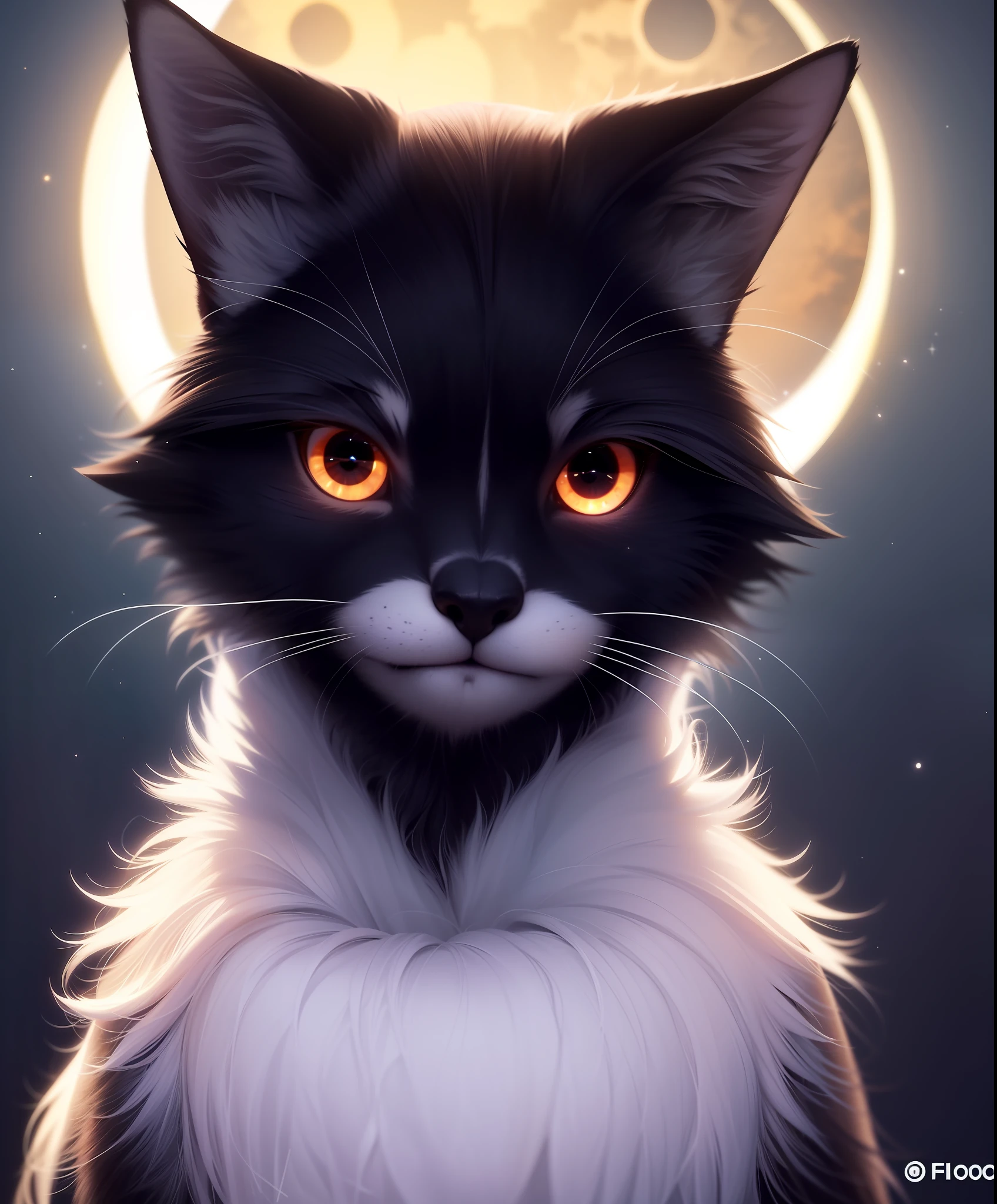 no humans, furry, anthro, portrait, symmetric, upper body, solar eclipse, glowing edge black hole, glowing circular silhouette, fluorescent fur, black body, black skin, glowing markings, glowing edges, furry female, (body fur, furry body:1.4), anthro, solo, realistic, (best quality, masterpiece:1), detailed, looking at viewer, smile, (eclipse gradient background:1.2),