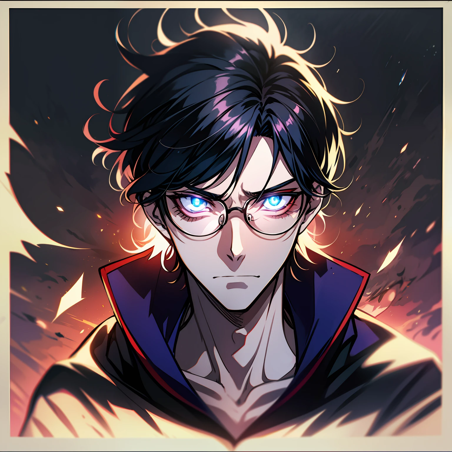 solo, male, anime character with black framed glasses and black hair, apathetic, bored expression, spirit bodies silhouettes behind character glowing, dynamic lighting