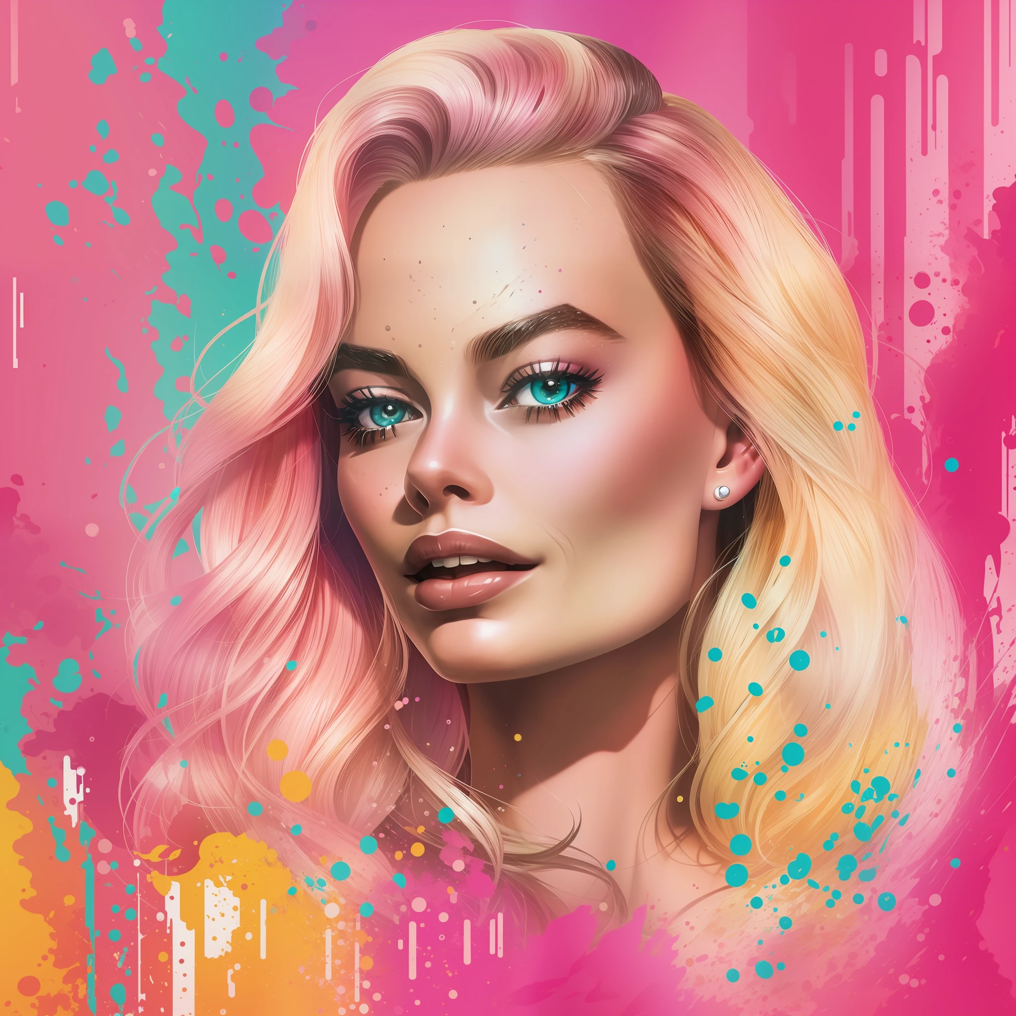 Beautiful Graphic illustration of (Margot Robbie as Barbie) splash colors
