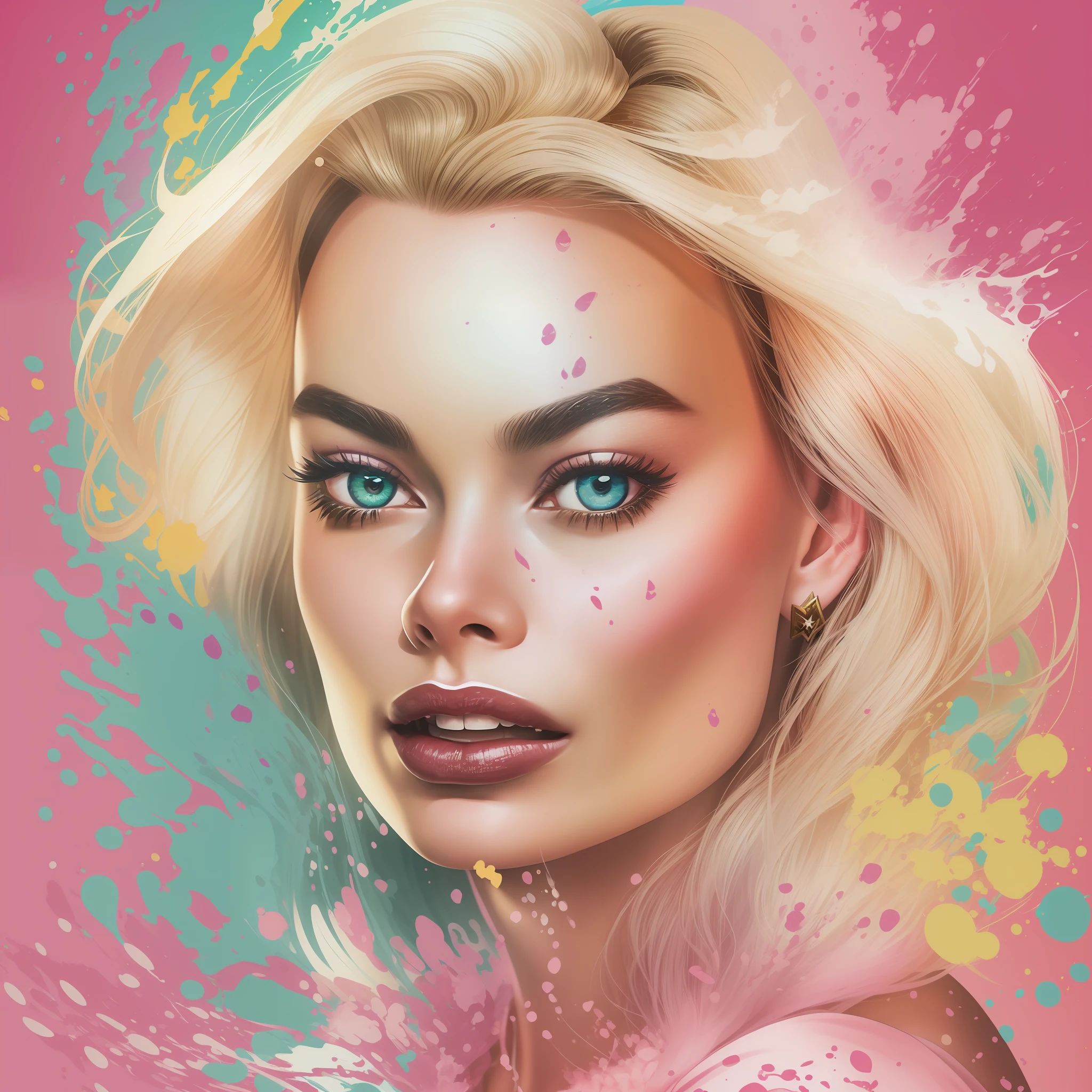 Beautiful Graphic illustration of (Margot Robbie as Barbie) splash colors, graphic design.