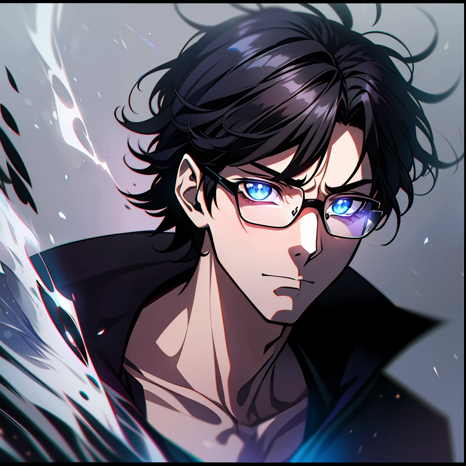 solo, male, anime character with black framed glasses and black hair, apathetic, bored expression, spirit bodies silhouettes behind character glowing, dynamic lighting