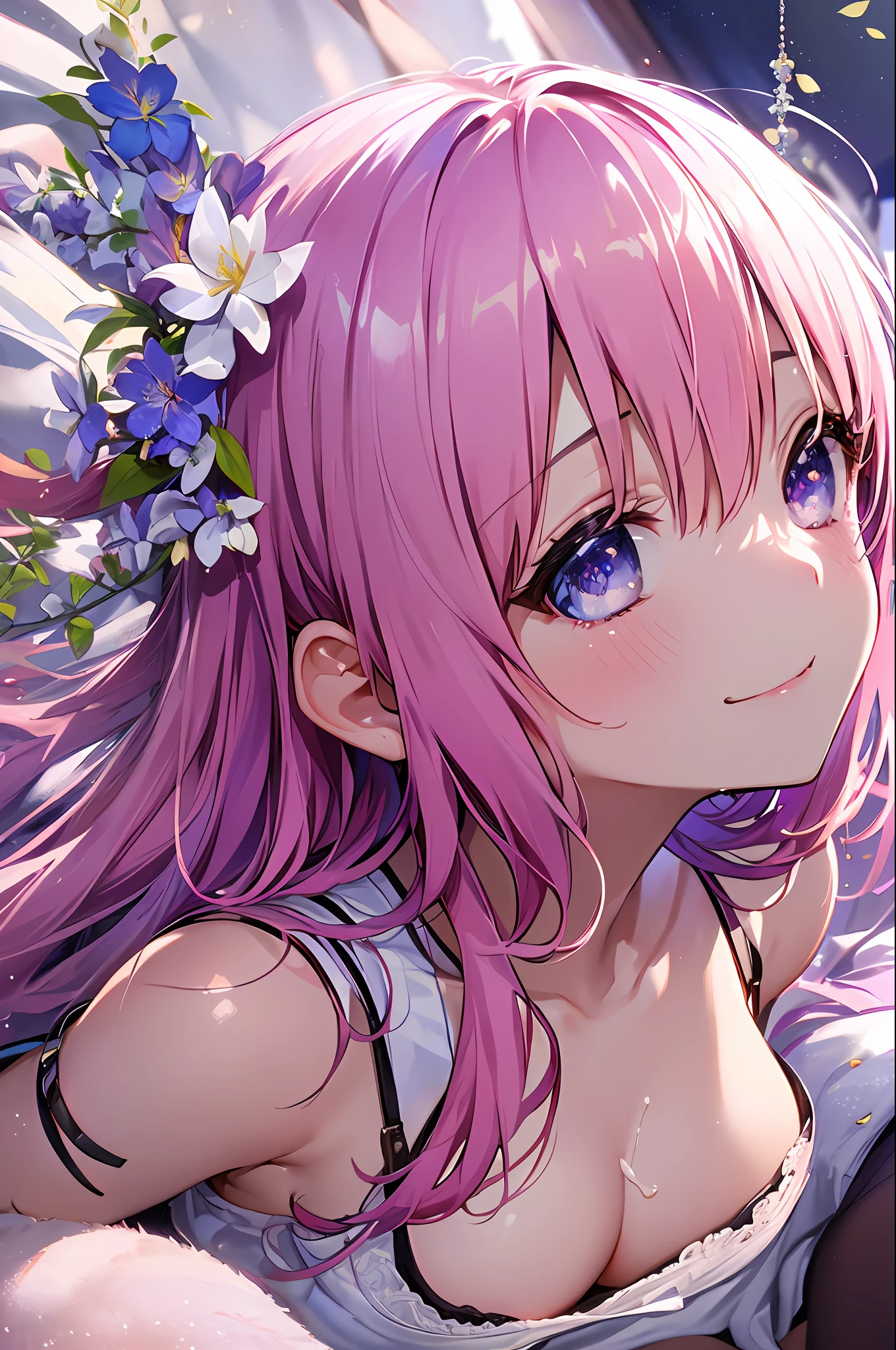 kawaii、Momovelia Deviluk、PH Momo、Momodo、phmomo、独奏、1girl in、A pink-haired、a purple eye、shorth hair、flower in hair、big eye、black thighhighs、(​masterpiece:1.2、top-quality)、(Fine details beautiful eyes:1.2)、(Beautiful detail face)、(sharp face hair between eyes、(细致背景:1.3、bedroom)、(((Detail white panties、White bra、cammel toe、The areol、lying back)))、****ers old、brushes、(((cum on chest、 cum on facial、perspiring)))、Grinning from above、Thigh opening