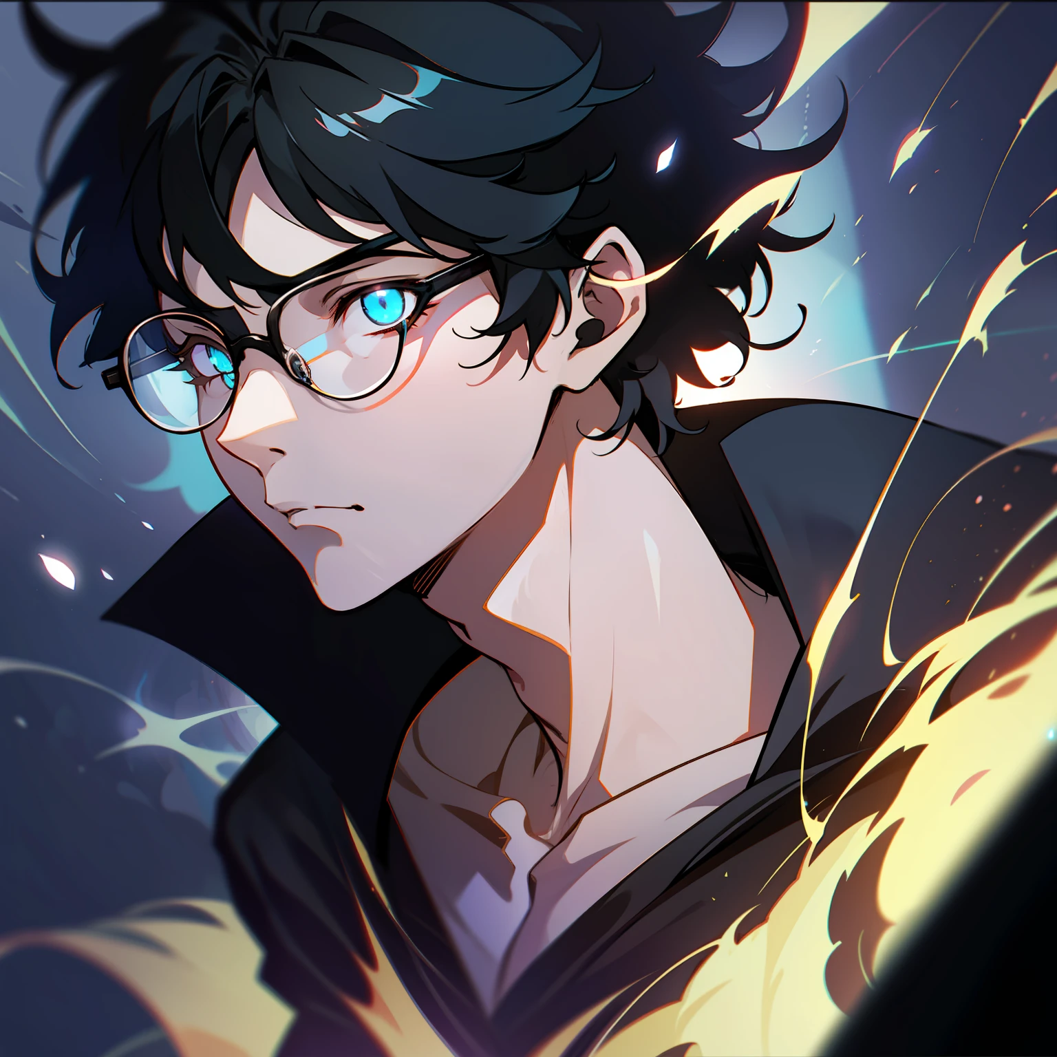 solo, male, anime character with black framed glasses and black hair, apathetic, bored expression, spirit bodies silhouettes behind character glowing, dynamic lighting