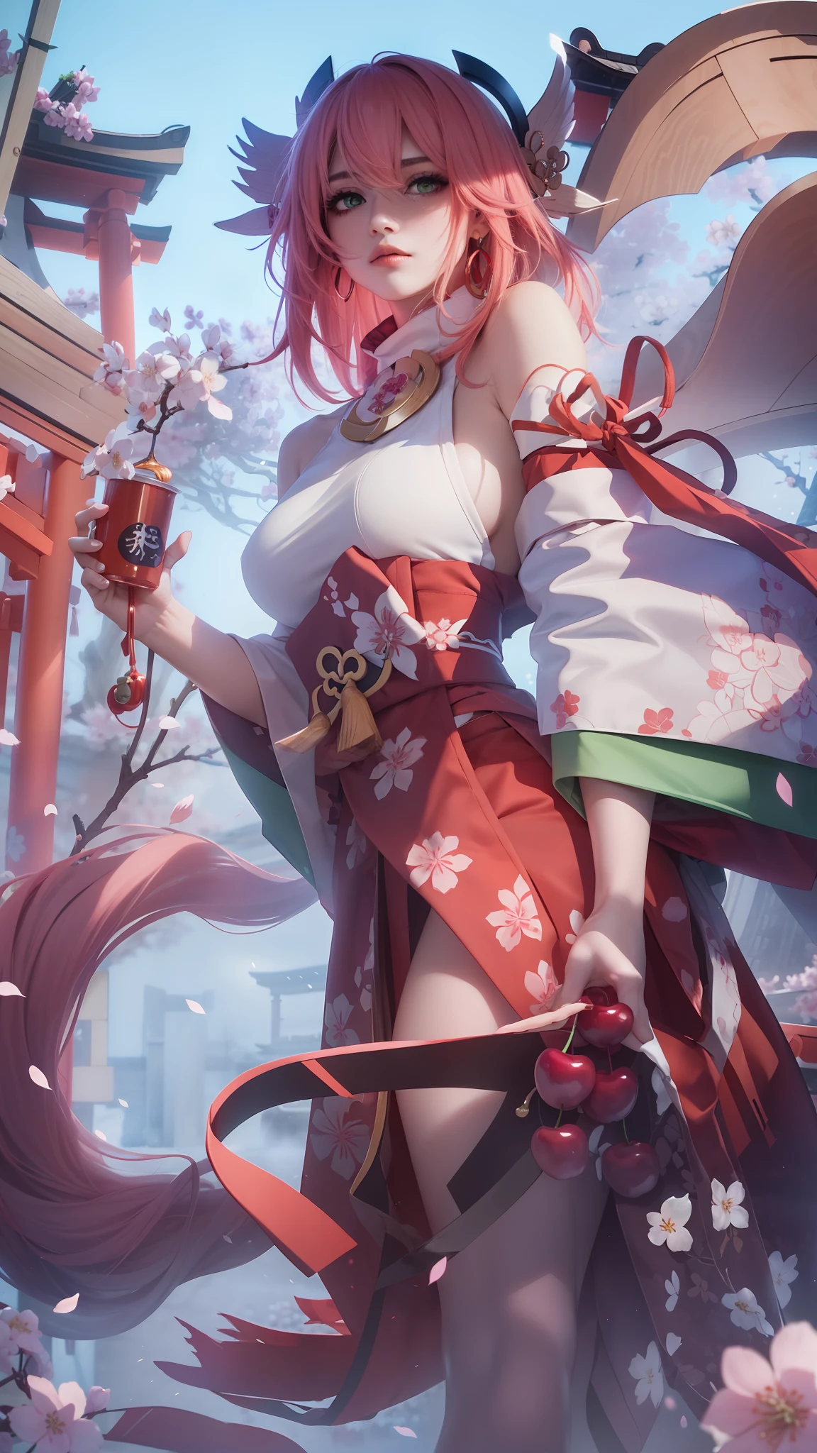 (Masterpiece, Excellent, 1girl, solo, complex details, color difference), realism, ((medium breath)), off-the-shoulders, big breasts, sexy, Yae Miko, long pink hair, red headdress, red highlight, hair above one eye, green eyes, earrings, sharp eyes, perfectly symmetrical figure, choker, neon shirt, open jacket, turtleneck sweater, against the wall, brick wall, graffiti, dim lighting, alley, looking at the audience, ((mean, seductive, charming)), ((cherry blossom background ))),((Japanese temple background)))), (((Glow-in-the-dark background)))