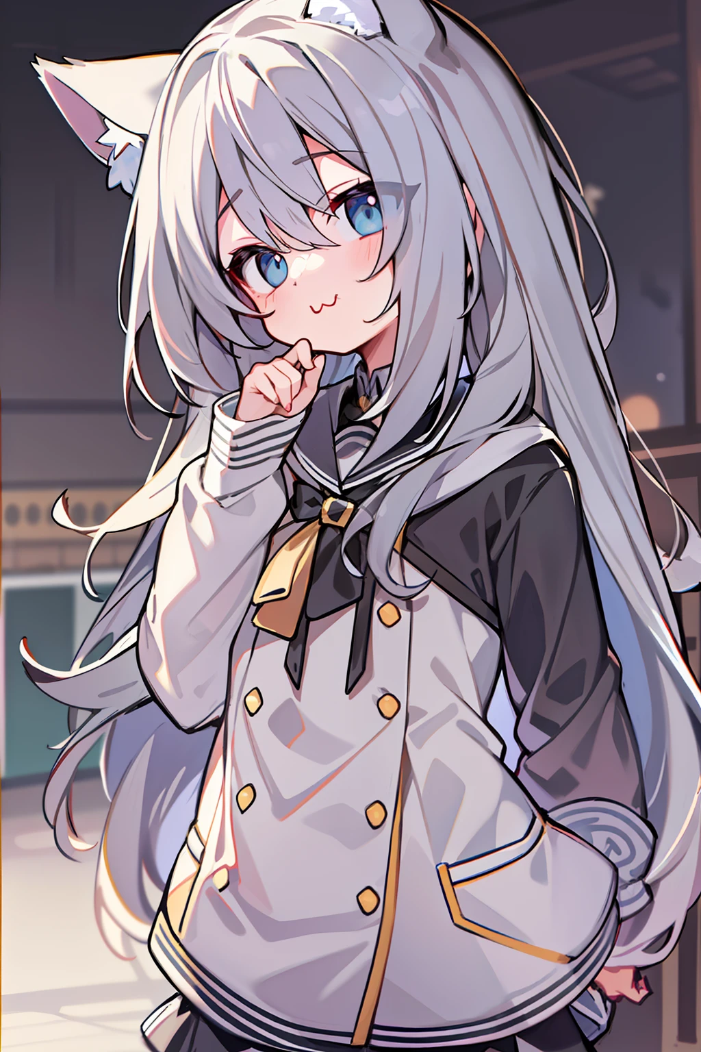 tmasterpiece, Need, 1 li gray hair, mid - length hair, cat ear, eye closeds, looking at viewert, :3, adolable, 围巾