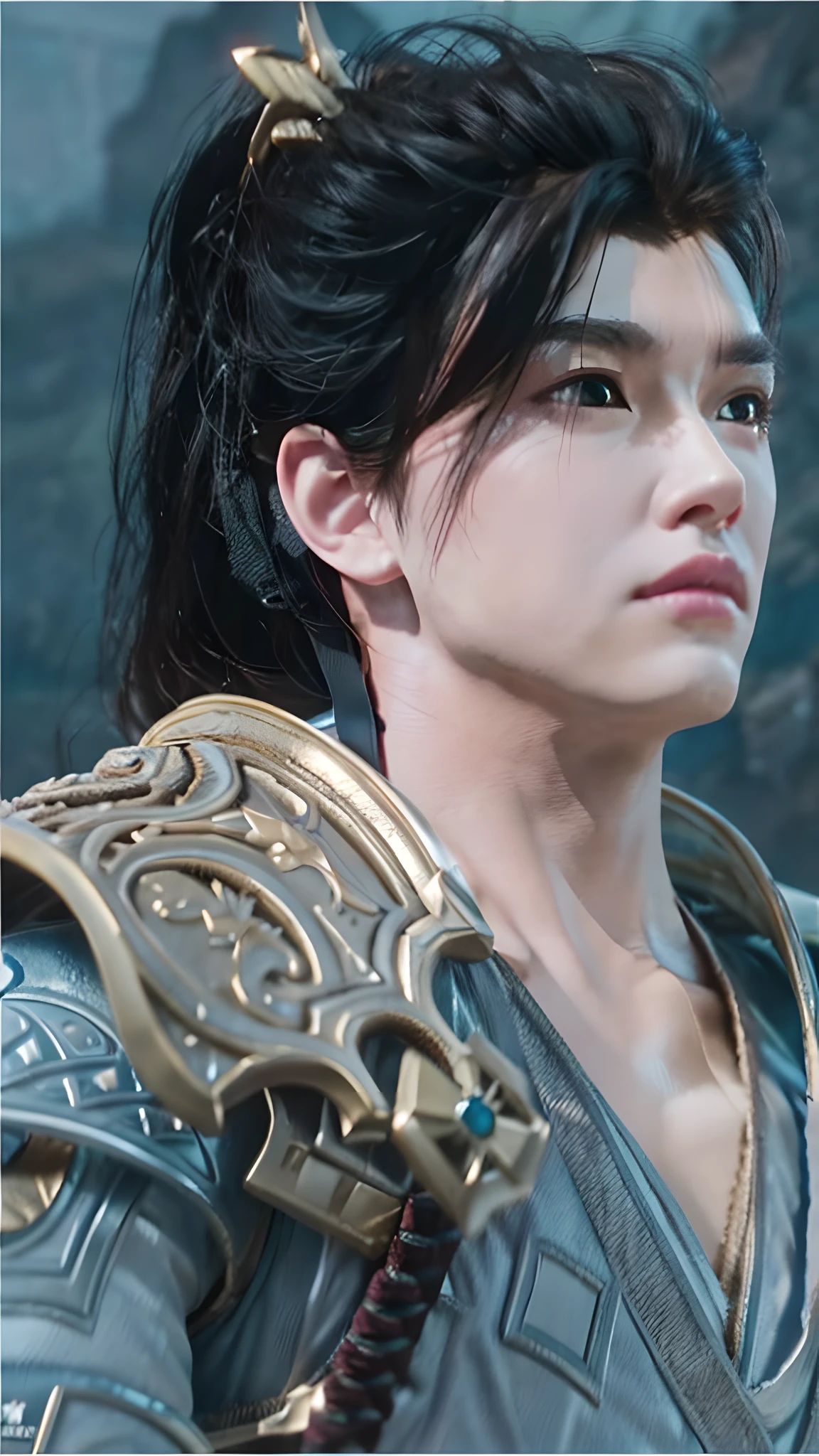 Close-up of a man with a sword and helmet, 3 d anime realistic, Art germ ; 3d unreal engine, Gorgeous paladin, unreal engine rendered , inspired by Li Mei-shu, Game CG, hyper-detailed fantasy character,