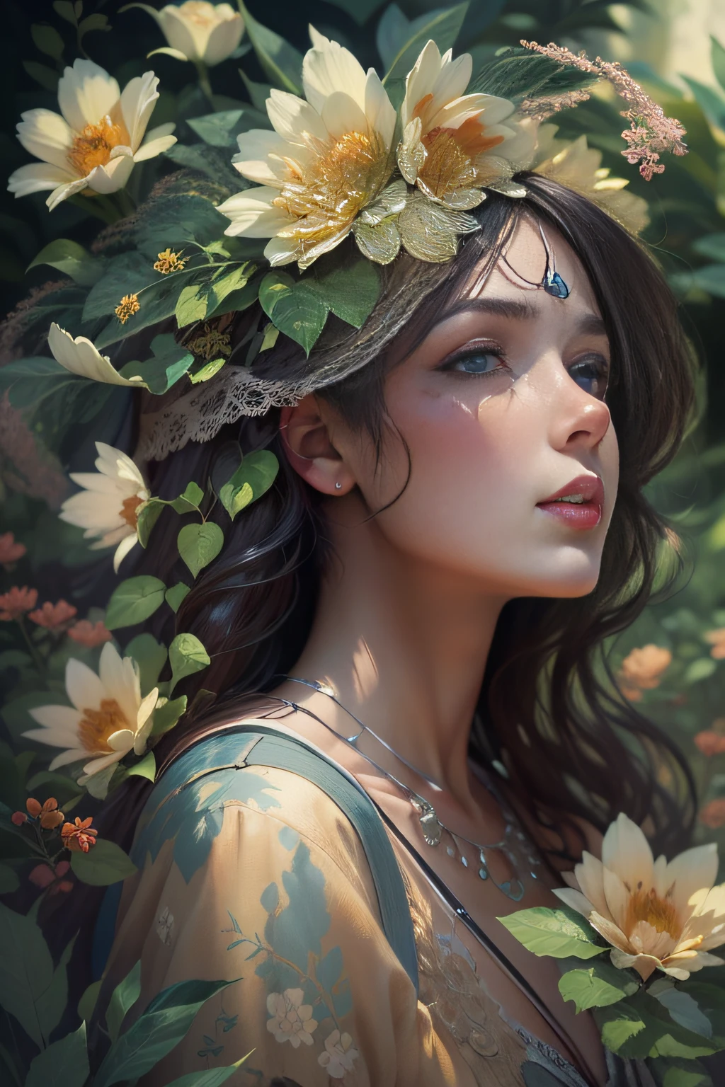 Zeichnen Sie eine Frau mit Blumen auf ihrem Haar und einem schwarzen Hintergrund, beautiful digital art work, beautiful digital art, beautiful fantasy portrait, beautiful fantasy art portrait, beautiful digital illustration, bela Arte Digital, very beautiful digital art, dreamy digital painting, fine art uhd 4k, beautiful and gorgeous digital art, erstaunliche digitale Illustration, exquisite digitale Illustration, digitale Kunstfantasie