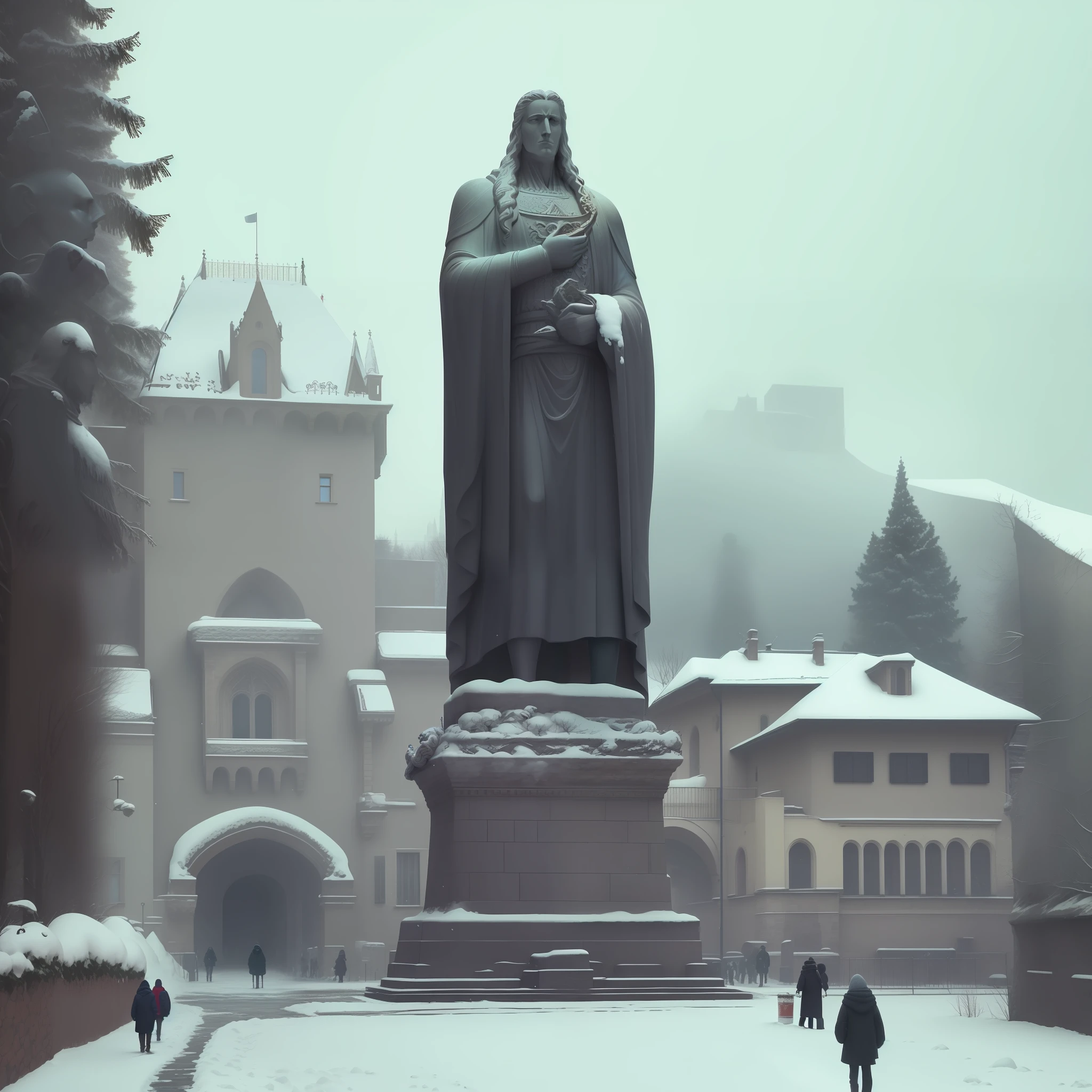 a large statue of a prophet, in the background a fovernamtal palace, a lot of snow and cold, day, some people walking in the street, cold and sober climate, italian architecture, gothic, architectural brustalism.  Photography, fully detailed