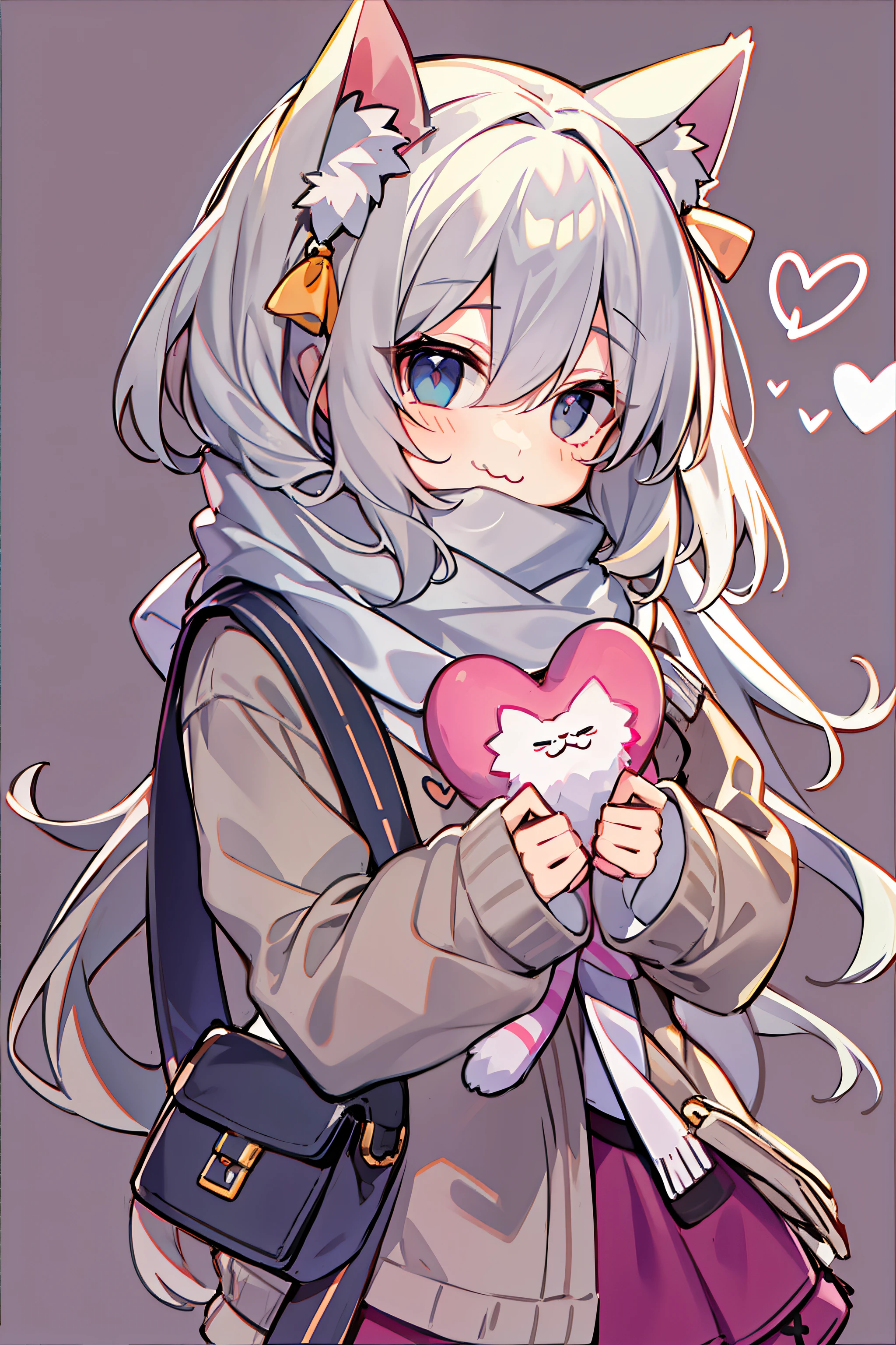 tmasterpiece, Need, 1 loli gray hair, mid - length hair, cat ear, There is love in the eyes, looking at viewert, :3, adolable, scarf love heart