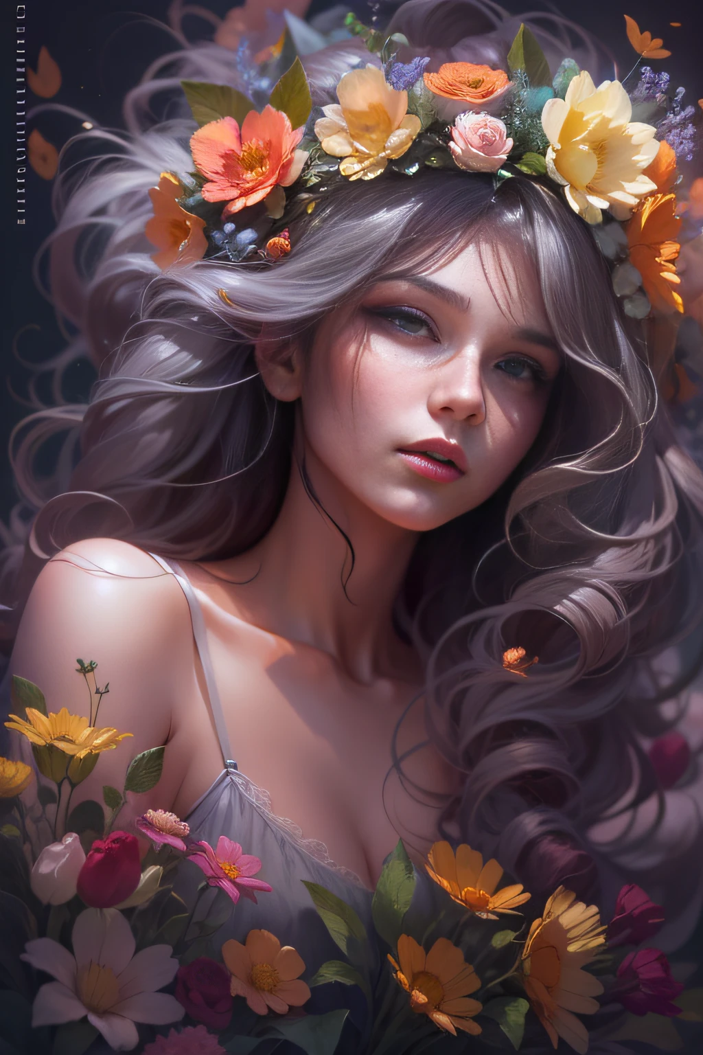 Zeichnen Sie eine Frau mit Blumen auf ihrem Haar und einem schwarzen Hintergrund, beautiful digital art work, beautiful digital art, beautiful fantasy portrait, beautiful fantasy art portrait, beautiful digital illustration, bela Arte Digital, very beautiful digital art, dreamy digital painting, fine art uhd 4k, beautiful and gorgeous digital art, erstaunliche digitale Illustration, exquisite digitale Illustration, digitale Kunstfantasie