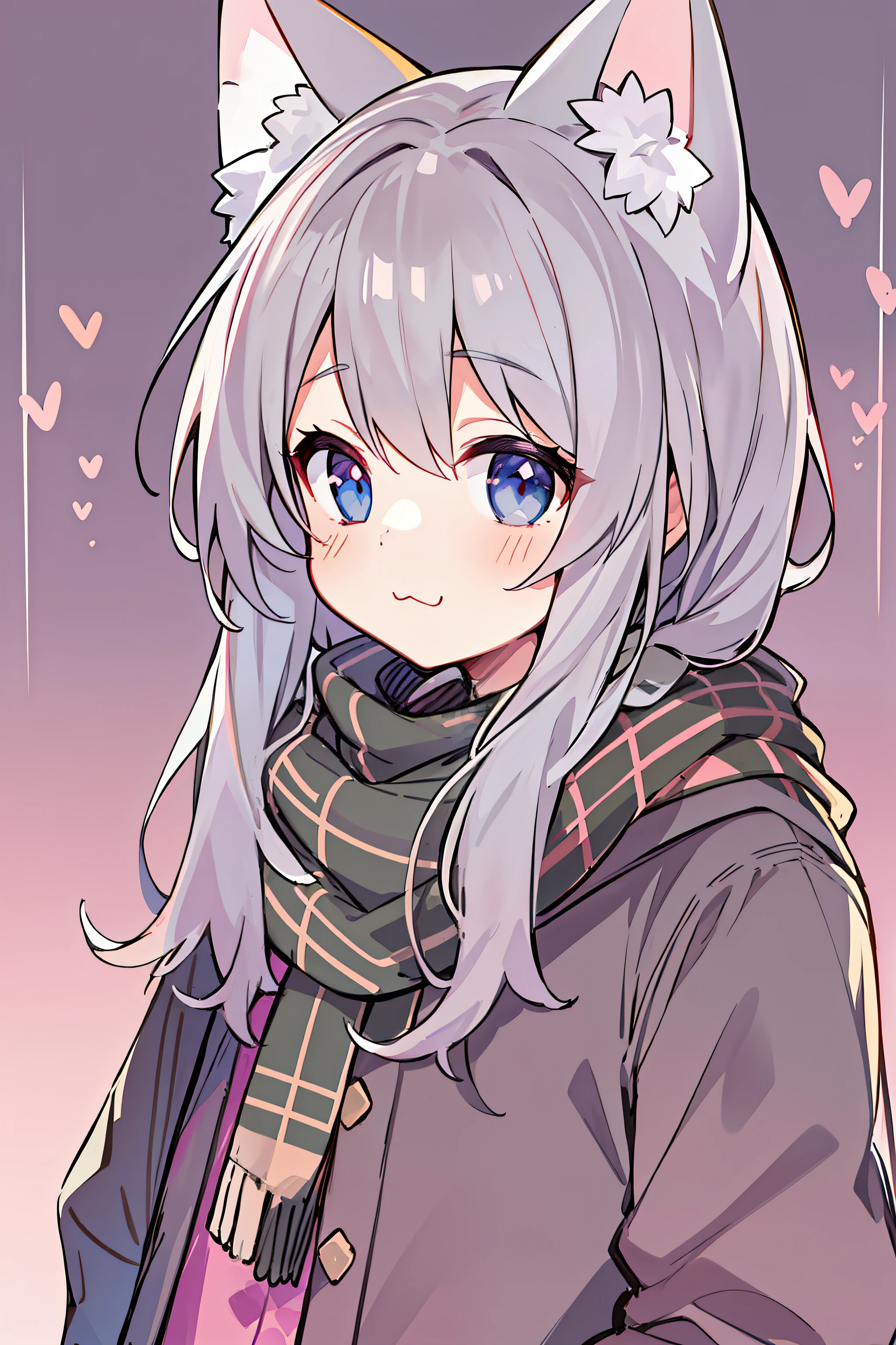 tmasterpiece, Need, 1 loli gray hair, mid - length hair, cat ear, There is love in the eyes, looking at viewert, :3, adolable, scarf love heart