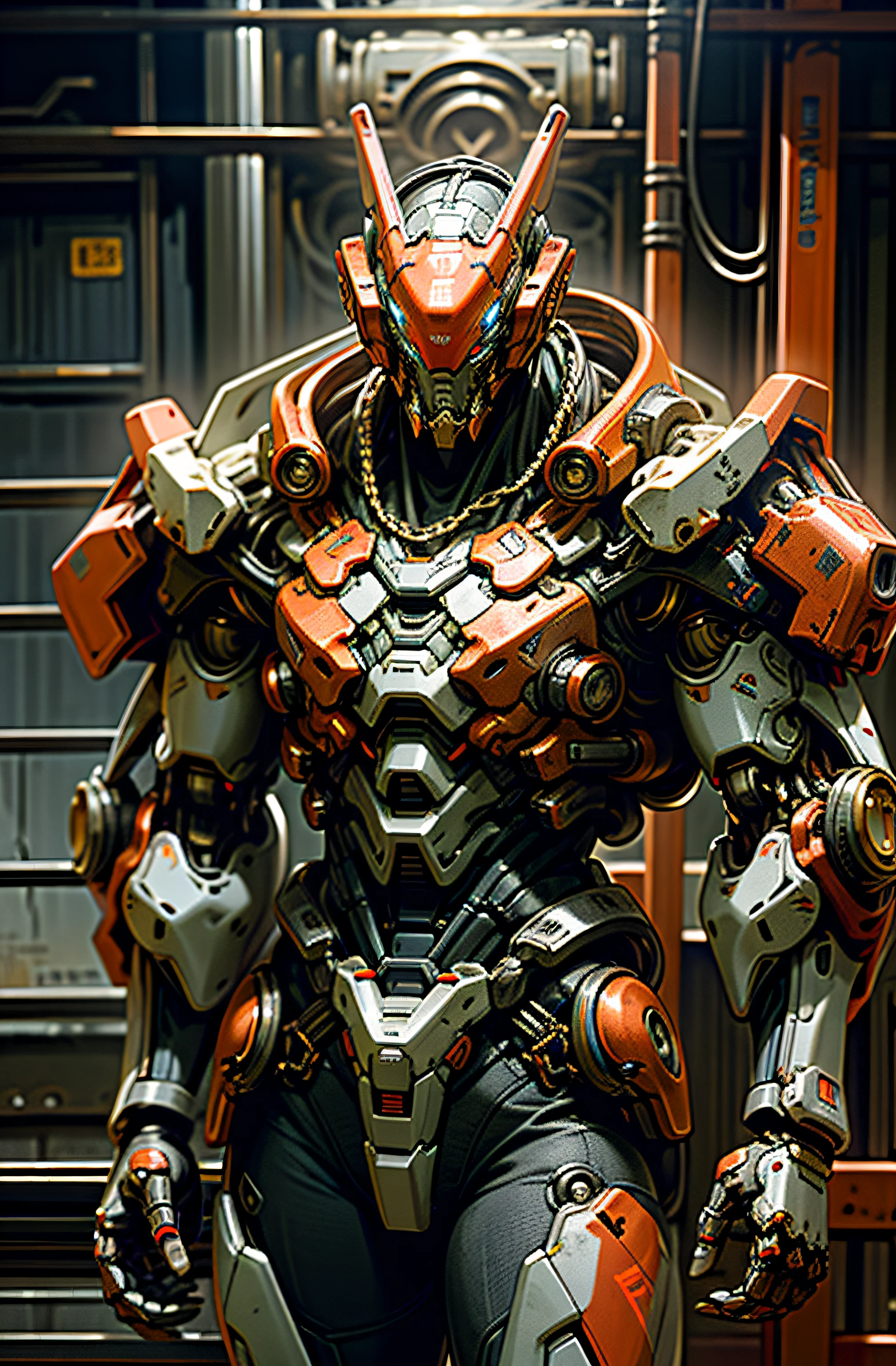 Dark_Fantasy,Cyberpunk,(chain saw,chain saw man,Red:1.1),1man,Mechanical marvel,Robotic presence,Cybernetic guardian, wearing a worn-out mech suit, intricate, (steel metal [rusty]), elegant, clear focus, shot by greg rutkowski, soft lighting, vibrant colors, masterpiece, ((street)), cowboy shot, dynamic pose,